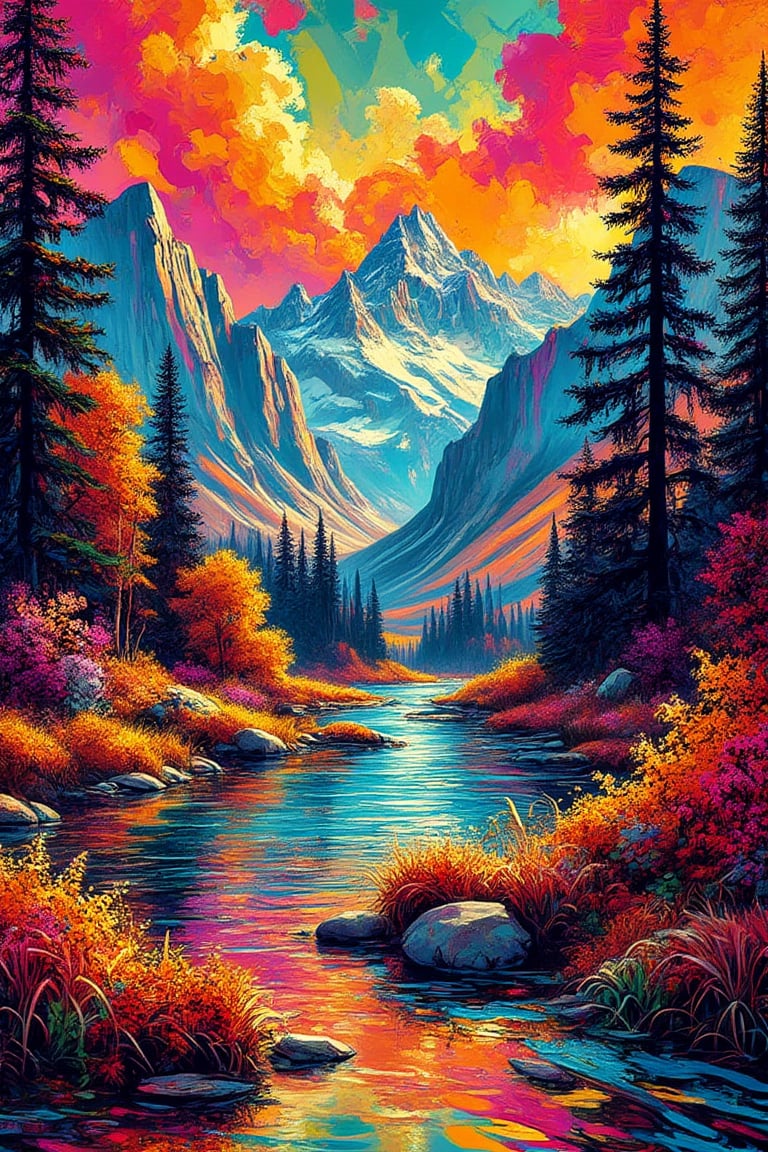 Capturing the vibrant energy of the forest. The scene is rendered in bright, contrasting colors with sharp, hard edges, featuring stylized plant and tree, bold outlines, and flat, graphic shapes. The waterways and trees are simplified into vibrant blocks of color, and the sky is filled with bold, stenciled clouds. The reflections in the water are presented in crisp, vibrant patterns that mimic commercial printing techniques. The overall composition is dynamic and eye-catching, blending popular culture and mass media influences with a striking, modern interpretation of a classic view."