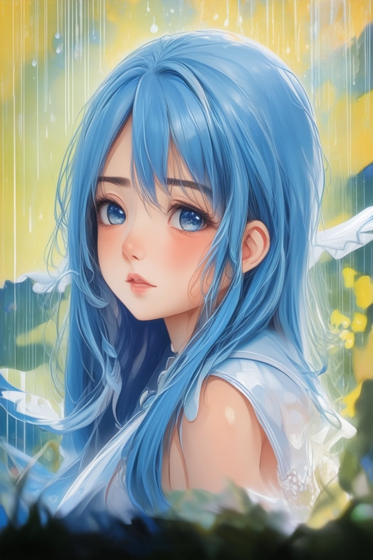 A captivating portrait of a blue long hair maiden with luscious locks framing her radiant face. Behind her, a vibrant abstract watercolor painting by Daniel Gerhartz, titled Rain, chibi style, cute, Enhance,Cartoon, anime girl style,yumistyle