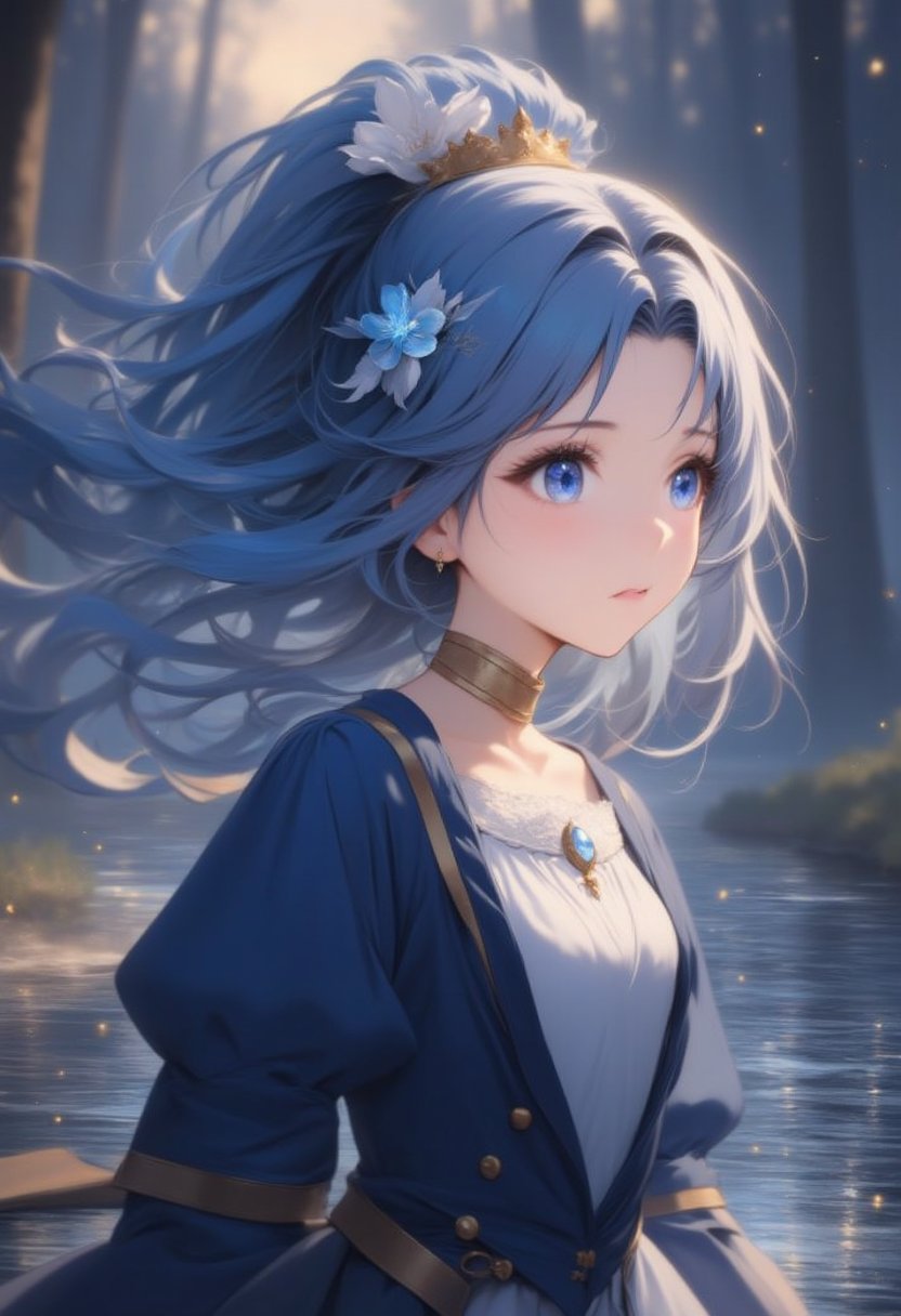 anime, anime style, niji6 style, by nijijourney, anime, anime style, niji6 style, by nijijourney, blue theme, anime, anime style, niji6 style, by nijijourney, 1girl, solo, hair ornament, pony hair, long dress uniform, flower hair ornament, flower, blurry, princess, blurry background, portrait, glow blue eyes, parted lips, from side, blue hair, dress, eyelashes, looking up, upper body, white flower, parted bangs, jacket, depth of field, nature, outdoors, sidelocks, forest, blue eyes, floating hair, expressionless, hair intakes, gradient hair, blue hair, blue eyes, very long hair, multicolored hair, sunlight, animification, anime coloring, fake screenshot, screencap, anime screencap, twilight, detailed eyes, ambient light, thick eyelashes, diamond, dark night, dark deep, sparkling, masterpiece, best quality, highres, 4k, 8k, intricate detail, cinematic lighting, amazing quality, amazing shading, film grain, blurry foreground, vignetting chiaroscuro, chromatic aberration, backlighting, global illumination, drop shadow, detailed illustration, anime style, wallpaper, animification, anime coloring, fake screenshot, screencap, anime screencap,Oil painting style,Anime style,Oil painting style 