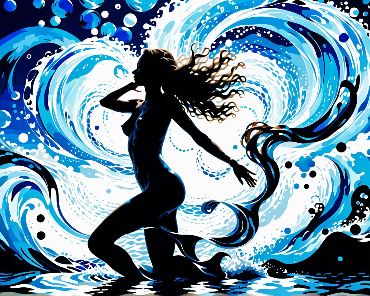 score_9, score_8_up, (solo) pool of water, water rings, (one dancing woman silhouette floating far in the waves with both her arm raised:1.3), absurdly long hair flowing along the waves, engulfed by water, blue sky, white clouds in circles, (dynamic pose) abstract, (blue shades), (azure tones), easynegative, water particles, particles