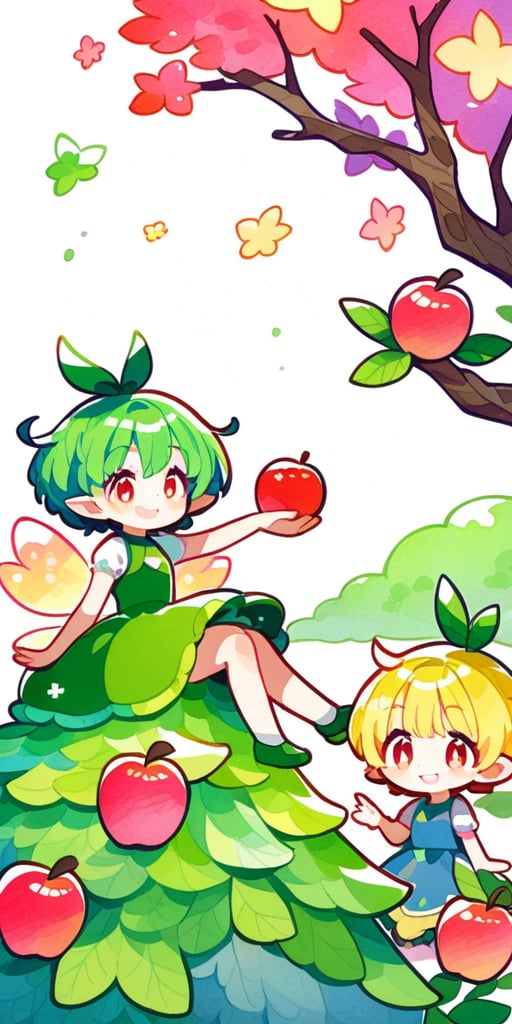 score_9, score_8_up, score_8, score_7_up, vibrant watercolor anime style. Multiple fairies, Gorgeous tiny fairy picking an apple on tree. She smiles charmingly as she holds an apples. A whimsical forest emerges out of a white background