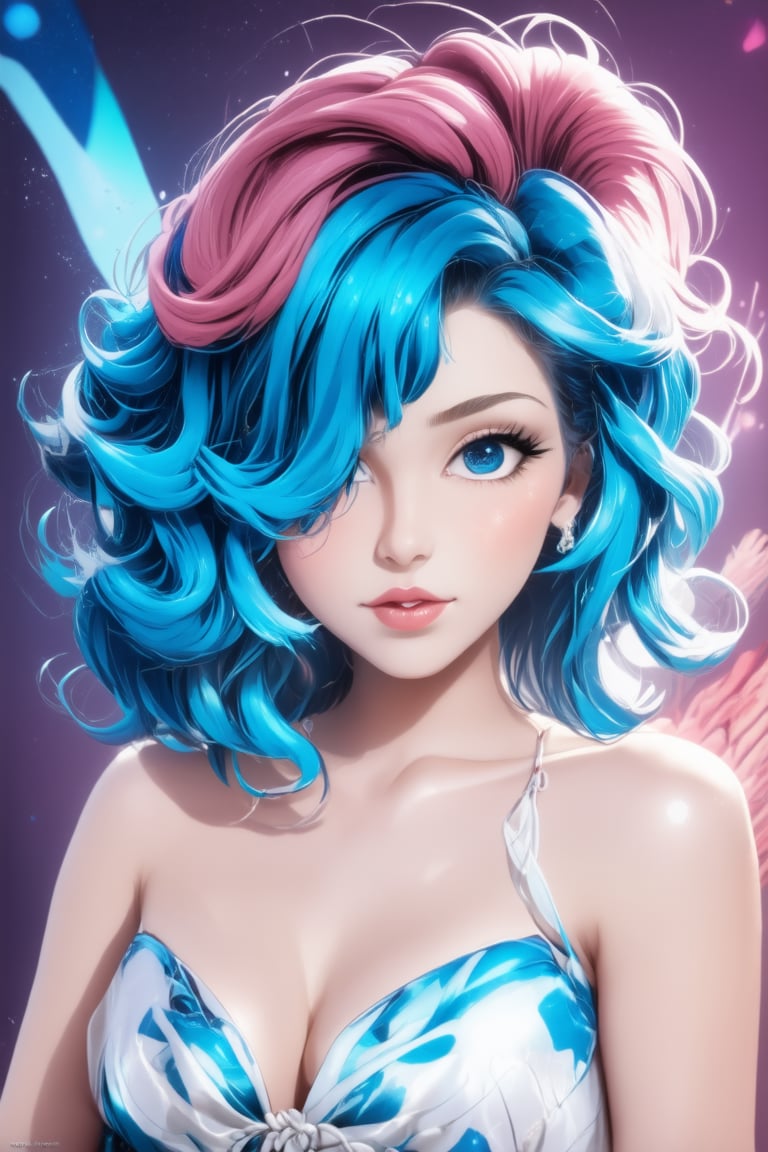 A captivating portrait of a mix blue and pink medium hair style with luscious, big wavy locks framing her radiant face. Behind her, a vibrant digital abstract visuals adds a pop of color to the serene atmosphere.,Enhance,Realistic Enhance,Cartoon