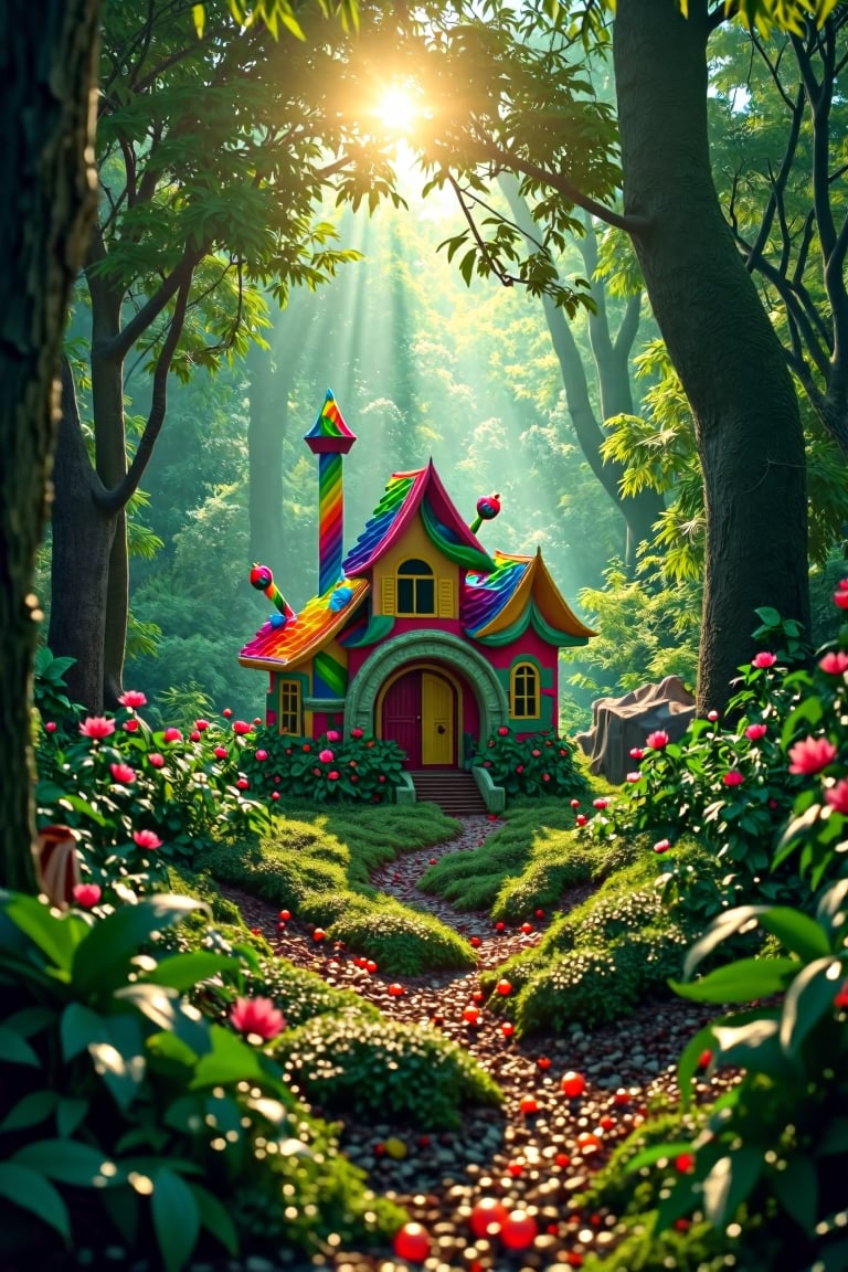 In a mystical clearing within a dense, ancient forest, a whimsical candy house stands amidst a tapestry of emerald foliage. Warm sunlight filters through the canopy above, casting dappled shadows on the vibrant hues of the sweets. A tranquil landscape unfolds, where eerie atmosphere and vivid colors converge. Cinematic composition guides the eye to the sugary abode, as natural scenery takes center stage in this photorealistic, 8K masterpiece.