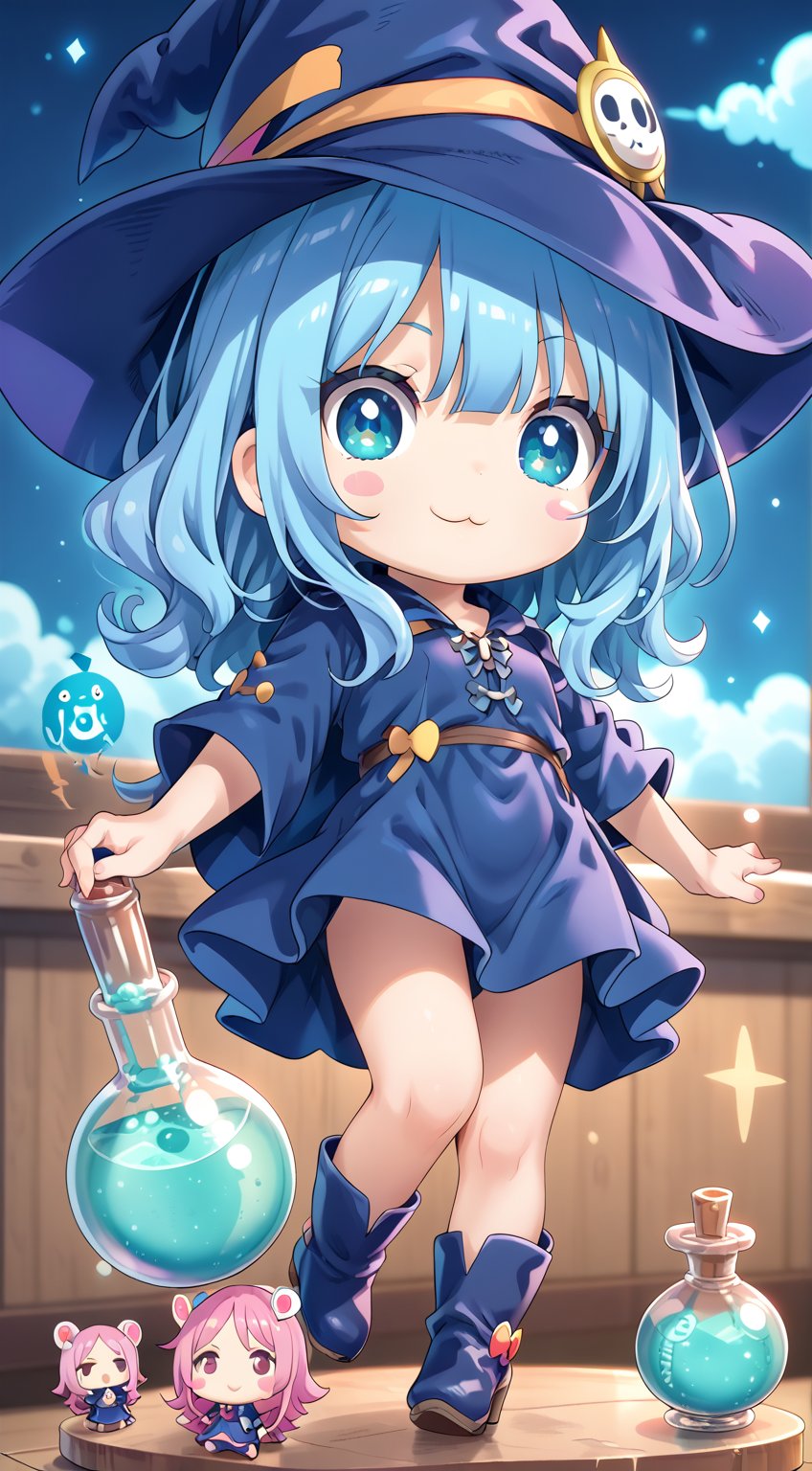 ((anime chibi style)), masterpiece, highly detailed, 16K, HD, cute witch girl with adorable eyes, blue witch hat, blue witch dress, dynamic angle, depth of field,1girl, with a lot of potion bottle,kawaii,Chibi,cutestickers,cutechibiprofile,chibi