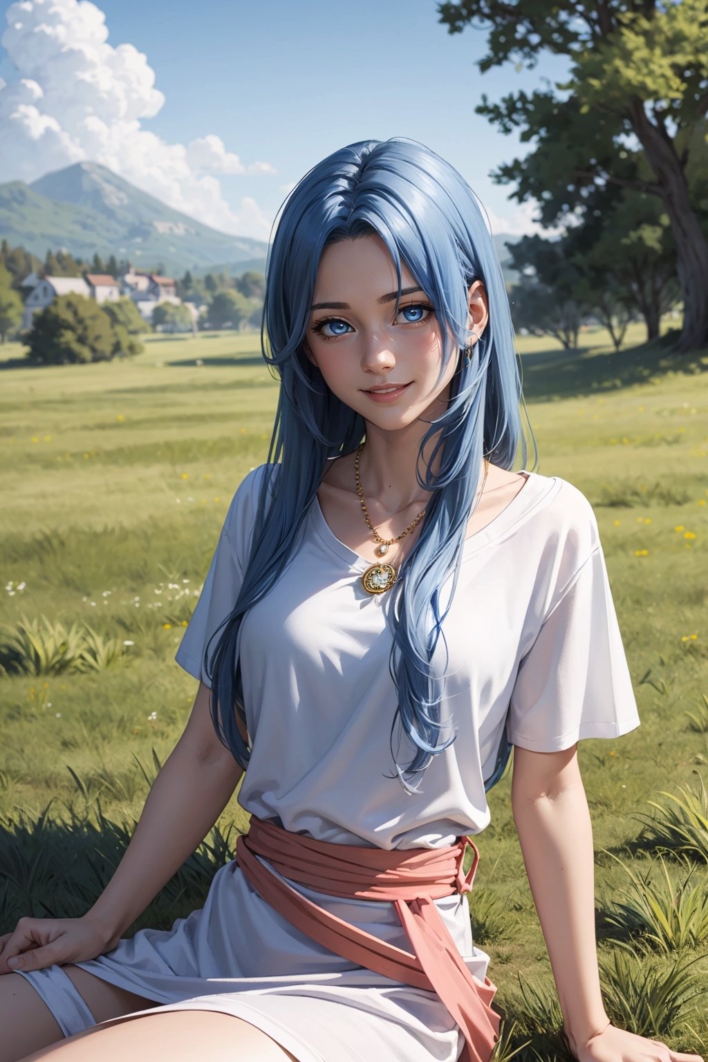 masterpiece, best quality, feena, necklace, white robes, short sleeves, sash, majestic, woman, grass area, blue hair, blue eyes, feminine, long hair, smile