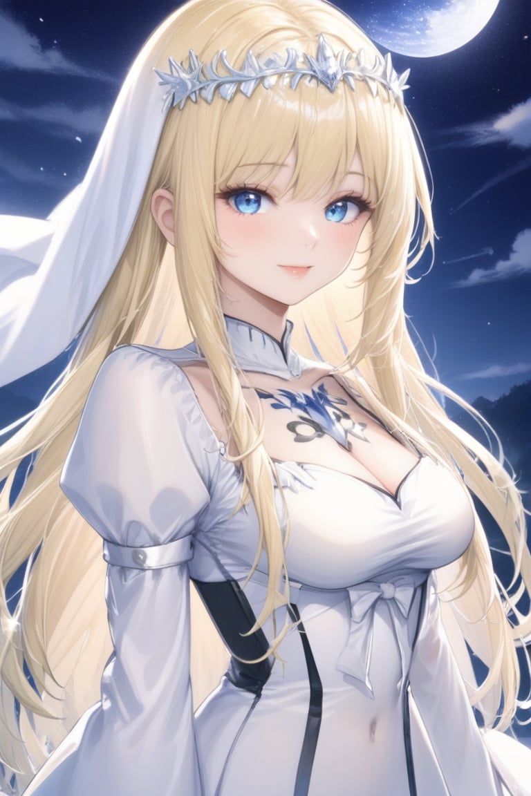 Beautiful girl, Calca Bessarez (Overlord), long hairstyle, blonde hair, blue eyes, tiara, princess, white dress, masterpiece quality, night_sky , beautiful face, calm face, looking at viewer, upper body, Anime Style., highly detailed, 1girl, white tiara, medium breasts, blunt bangs, portrait, sharpness