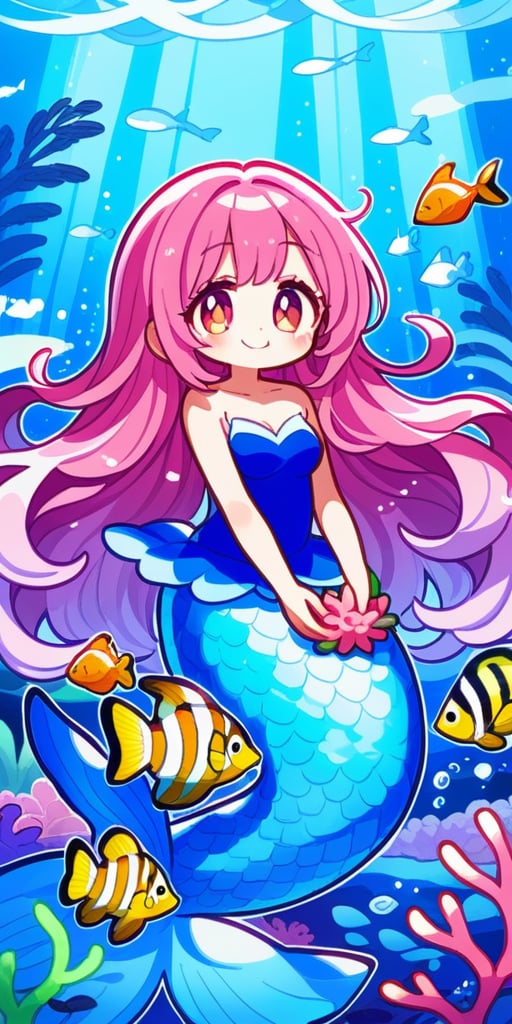 score_9, score_8_up, score_8, score_7_up, vibrant watercolor anime style. Gorgeous mermaid playing with other fish on the sea. She smiles charmingly as she holds a coral. A whimsical deep seat emerges out of a blue background