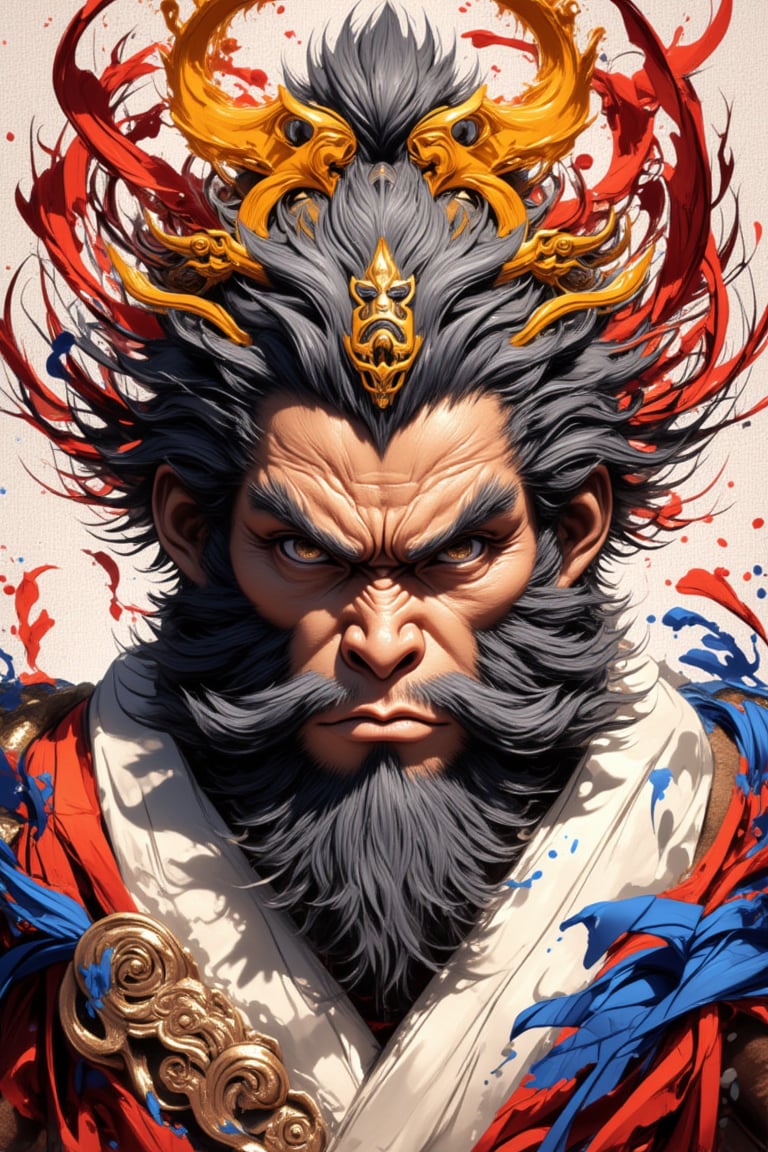 A majestic, close-up portrait of Wukong's wise and powerful head, rendered in exquisite ink art style with bold brushstrokes. His piercing eyes seem to gaze into the depths of eternity as a halo of subtle, swirling patterns surrounds his noble visage. Vibrant colors dance across the canvas, imbuing the masterpiece with an aura of mystique.,Ink art style