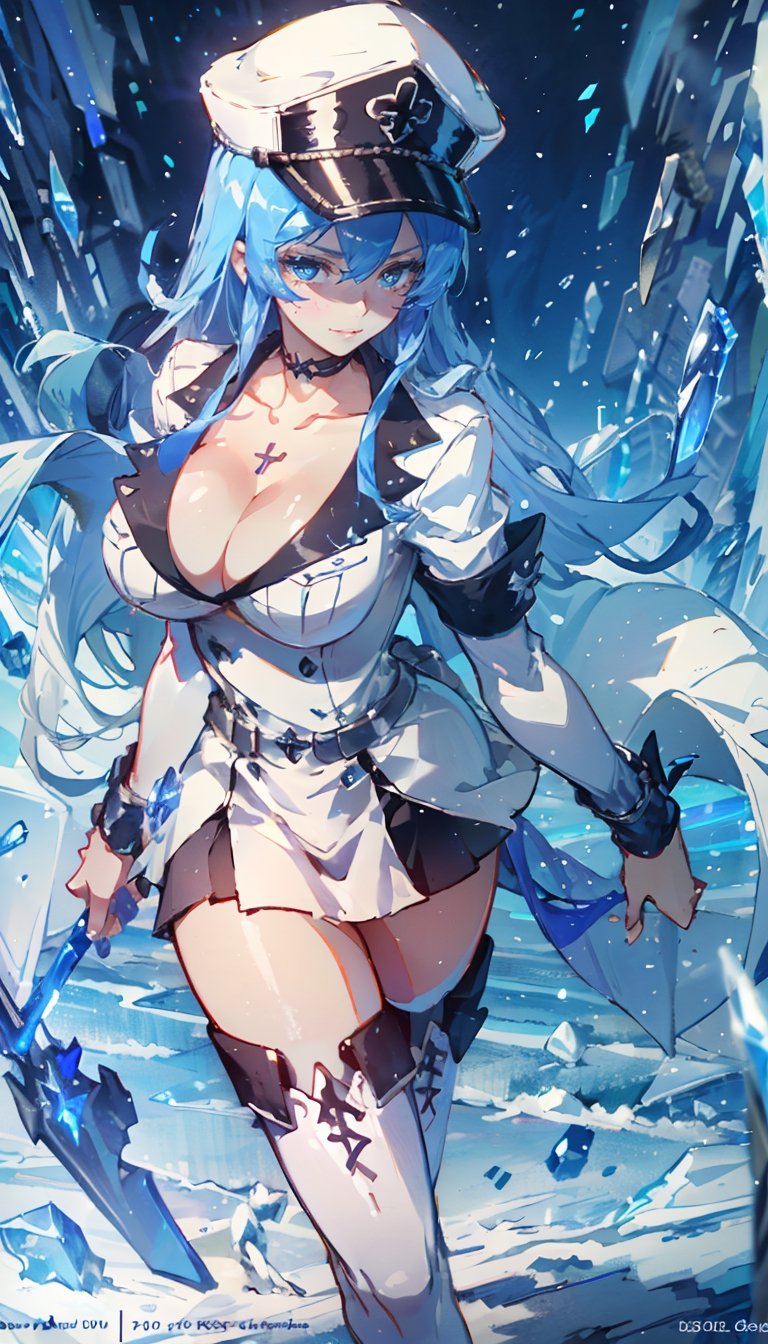 masterpiece, high_resolution, ultra realistic, outdoors, (hair ornament), reah, long blue hair, looking at viewer, perfect face, creppy smile, see through top, facing viewer, photorealistic, blue glows, sexy, 4K, 8k HD, high quality, portrait, boots, choker, cleavage, collarbone, hat, ice, military, military uniform, peaked cap, thigh boots, thighhighs, uniform, bracelet, portrait art, esdeath,perfect light,IceElementCh