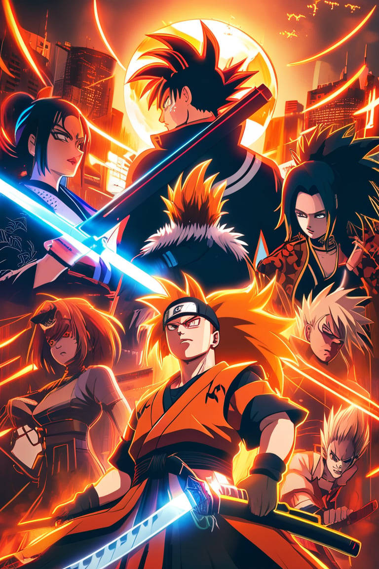 A dynamic, high-energy scene featuring a cluster of iconic logos from various anime series. Highly detailed face. In the foreground, multiple characters from popular shows such as Dragon Ball Z, Naruto, and One Piece gather around a gleaming, futuristic cityscape. The logos are arranged in a circular pattern, with each logo glowing softly to represent its significance. Epic music plays in the background as the characters strike powerful poses, emphasizing their unique personalities. The anime-inspired color palette features vibrant hues like orange, blue, and red.