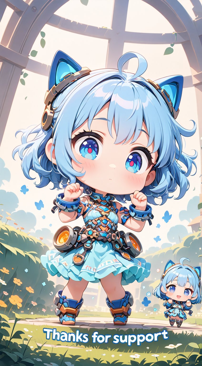 ((anime chibi style)), masterpiece, highly detailed, 16K, HD, cute with adorable eyes in the garden, dynamic angle, hands up, 1girl, long blue hair, blue eyes, simplecats, as decorative text as 5K Thanks for Support hover above, accompanied by the title, 1 girl,Text,chibi,cutechibiprofile
