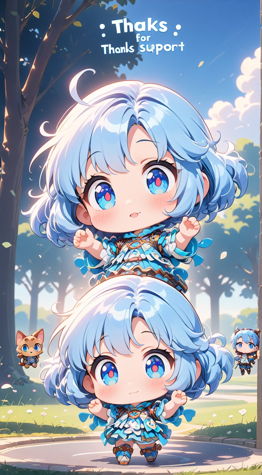 ((anime chibi style)), masterpiece, highly detailed, 16K, HD, cute with adorable eyes in the park, dynamic angle, hands up, 1girl, long blue hair, blue eyes, simplecats, as decorative text as 5K Thanks for Support hover above, accompanied by the title, 1 girl,Text,chibi,cutechibiprofile