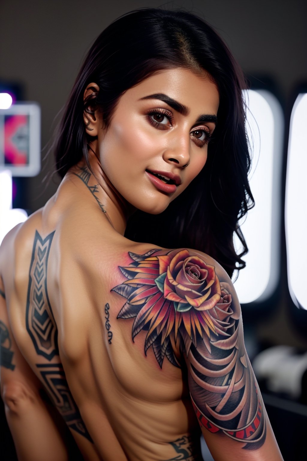 Best quality, pooja hegde, long hairs, black hair, high resolution image, realistic, perfect scenario of a tattoo artist woman, she is making an amazing tattoo for her client at tattoo parlor, a professional artist, herself has an amazing tattoo on her body,  this scenario was captured with DSLR camera shot with cinematic lighting. ,pooja hegde,