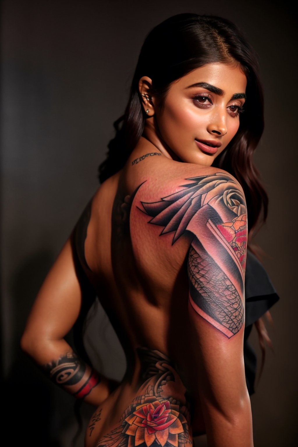 Best quality, pooja hegde, long hairs, black hair, high resolution image, realistic, perfect scenario of a tattoo artist woman, she is making an amazing tattoo for her client at tattoo parlor, a professional artist, herself has an amazing tattoo on her body,  this scenario was captured with DSLR camera shot with cinematic lighting. ,pooja hegde,