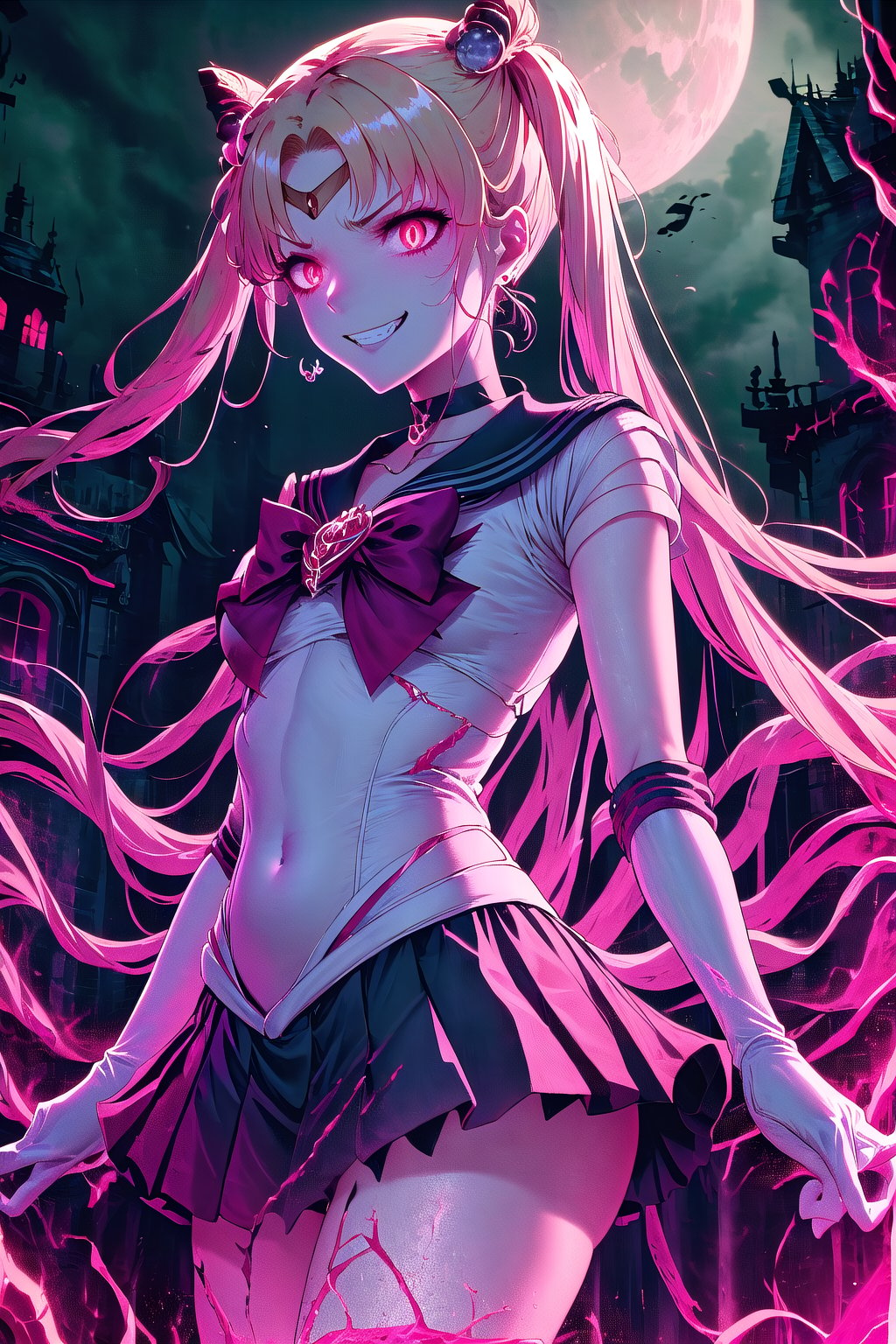 A dark sailor senshi with twintails framing her evil grin, her parted bangs swept to the side. A circlet and jewelry adorn her neck, complemented by dangling earrings. A choker constricts her throat, as a red bow crowns her blonde hair. Her hands are clad in white gloves and elbow gloves, a stark contrast to the darkness emanating from her corrupted soul. In the background, a blue skirt billows out like a dark cloud, foreshadowing the chaos she will unleash.