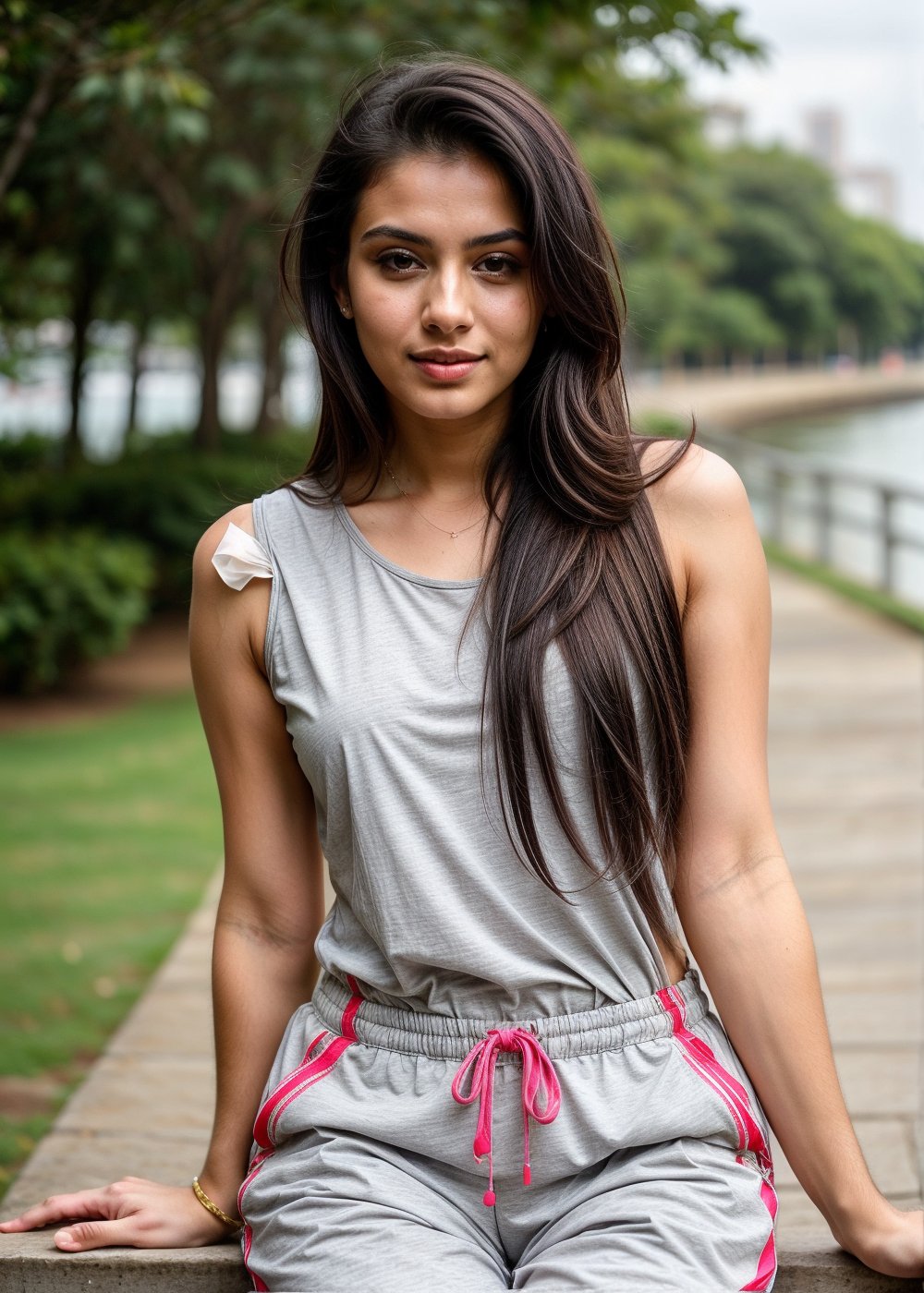  beautiful cute young attractive girl 22 year old, cute, instagram model, long black hair, black eyes, full_body, full confident, exotic beauty, full of attitude, sitting at marine drive ,full body, hair tied, sleeveless, sexy, wearing a short printed short jump suit, looking hot and sexy, simple look.