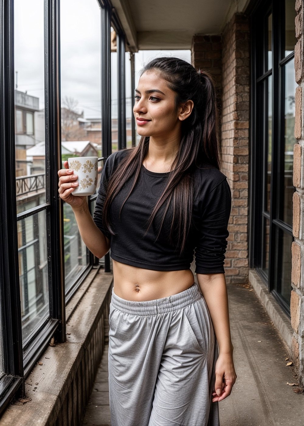  Lovely cute  acute an Instagram model 22 years old, full-length, long black_hair, black hair, winter, in indian messy dirty home indian, wearing decent lower and top, pony_tail standing in balacony with a cup of tea and biscuit full picture