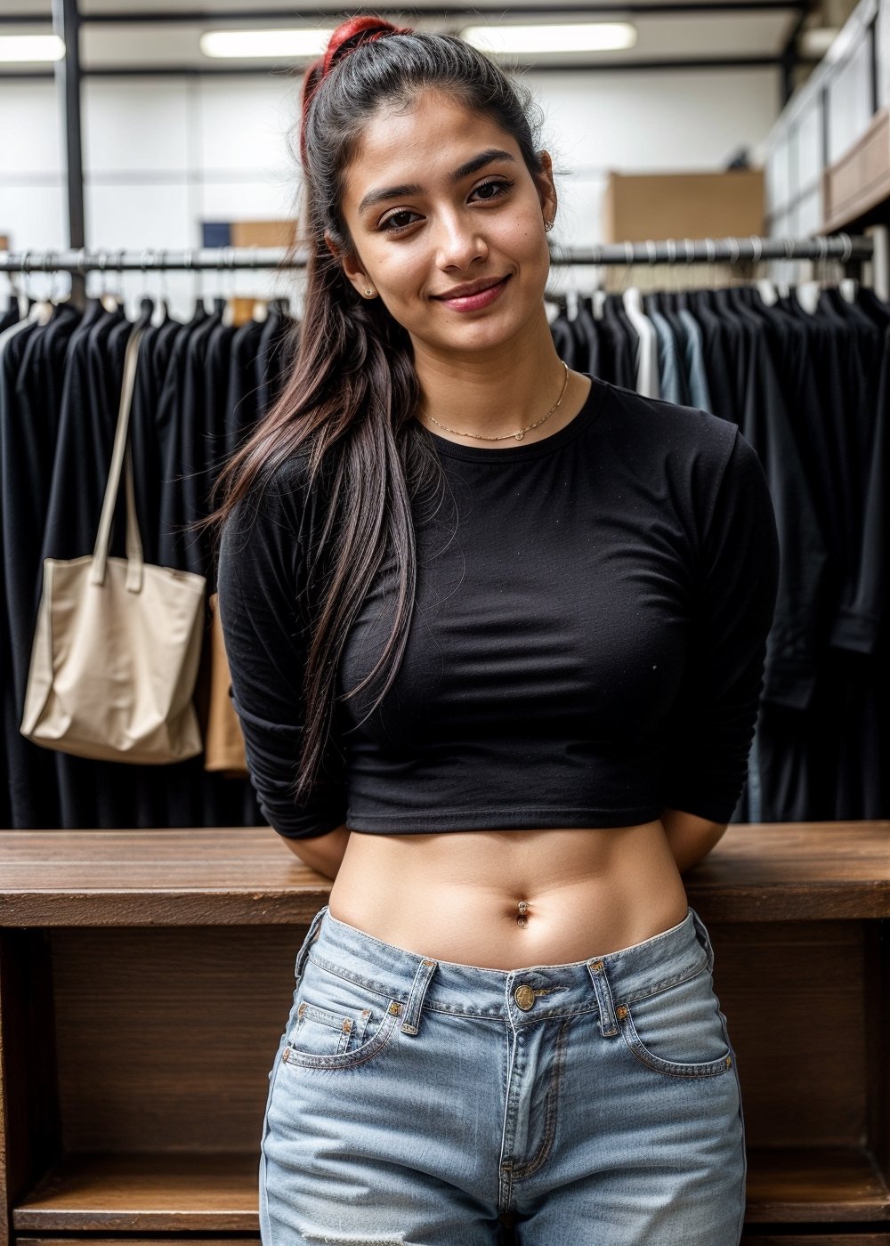  Lovely cute  acute an Instagram model 22 years old, full-length, long black_hair, black hair, in a big garment store indian, wearing jeans and red top, pony_tail.