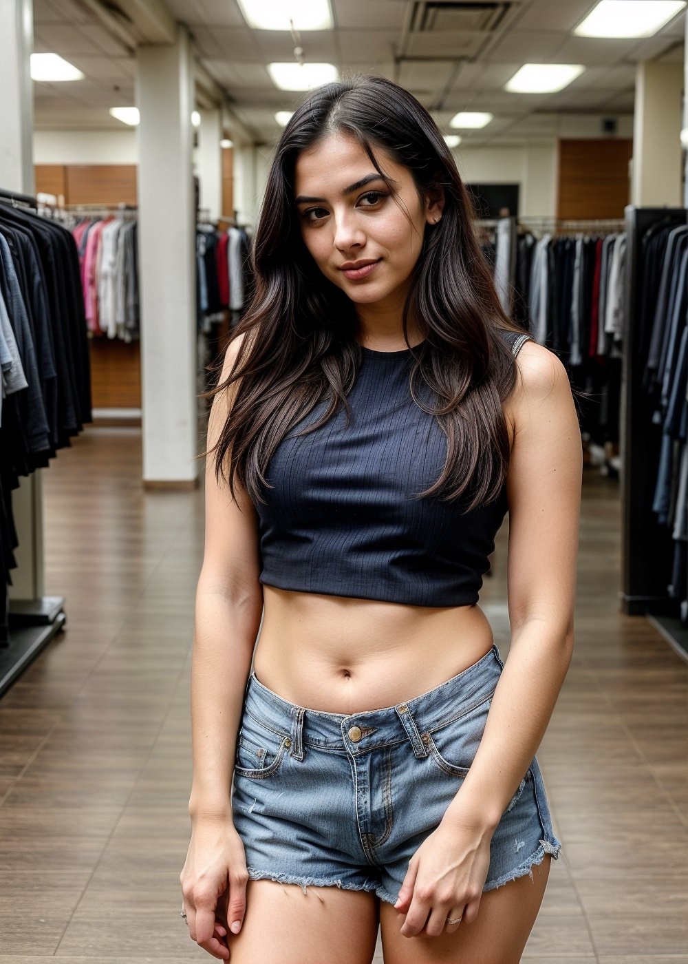  beautiful cute young attractive girl 22 year old, cute, instagram model,long black hair, at a garment shop, in try room, full confident, exotic beauty, full of attitude, hair tied, wearing a stylish crop top and denim shorts, full_body, bare_foot.