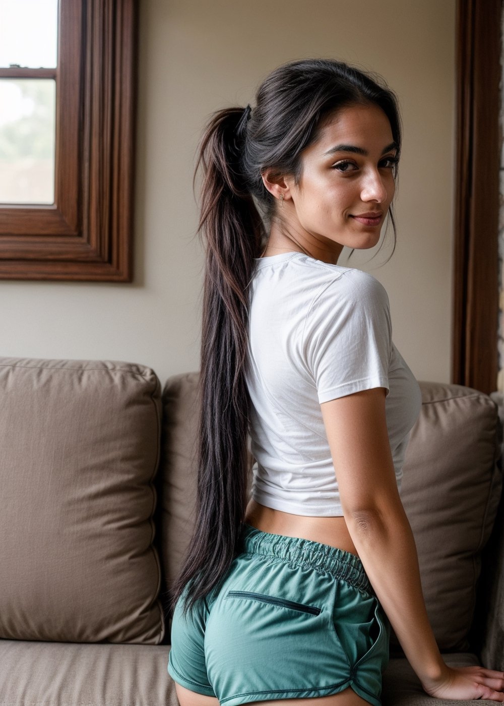 A stunning 22-year-old Instagram model sited on sofa confidently in her home, full body surrounded by subtle lighting that accentuates her exotic features. Her long, black hair flows down her back like a waterfall, tied neatly into a ponytail. With a full face of natural beauty and an air of attitude, she captures the camera's attention. Dressed in a casual t-shirt and shorts, her simplicity is captivating, and her cute expression shines through as she takes a selfie, showcasing her adorable features.