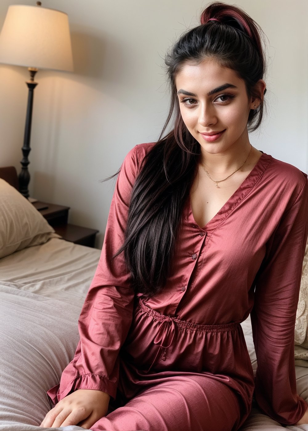  beautiful cute young attractive girl 22 year old, cute, instagram model, long black hair, black eyes, sitting on bed in bed room at home, full_body, full confident, exotic beauty, full of attitude, wearing red colour french nightdress, pony_tail, feeling happy, no makeup, simple look.
