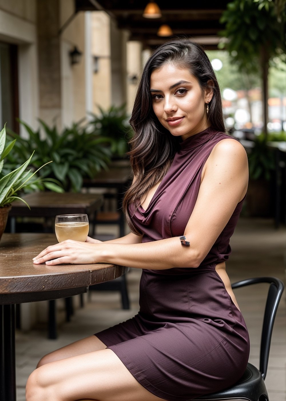  beautiful cute young attractive girl 22 year old, cute, instagram model,long black hair. imagine a scene she sits on a chair at a open resturant her table situted opposite flowers and fountains. she wears a beautiful dark red short sleveeles dress deep neck, high heels, full body, cutness, full confidence, hair_tied, sleeveless_shirt, looking sexy, bare_feet 
