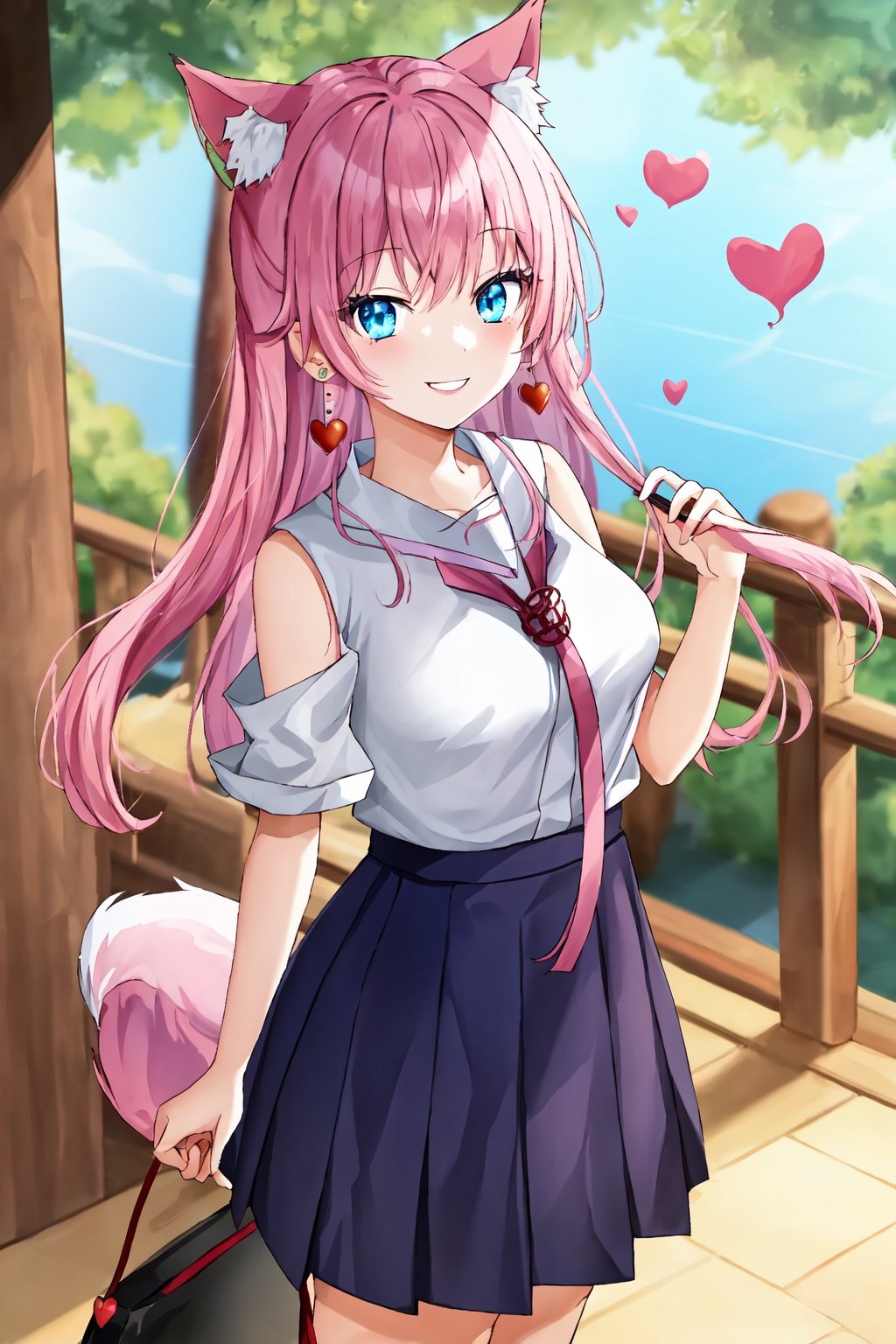 girl, smile, blue_eyes, long_hair, pink_hair, fox_ears, pink_ears, japanese_priestess,aaakari, hearts_earrings, red_skirt,