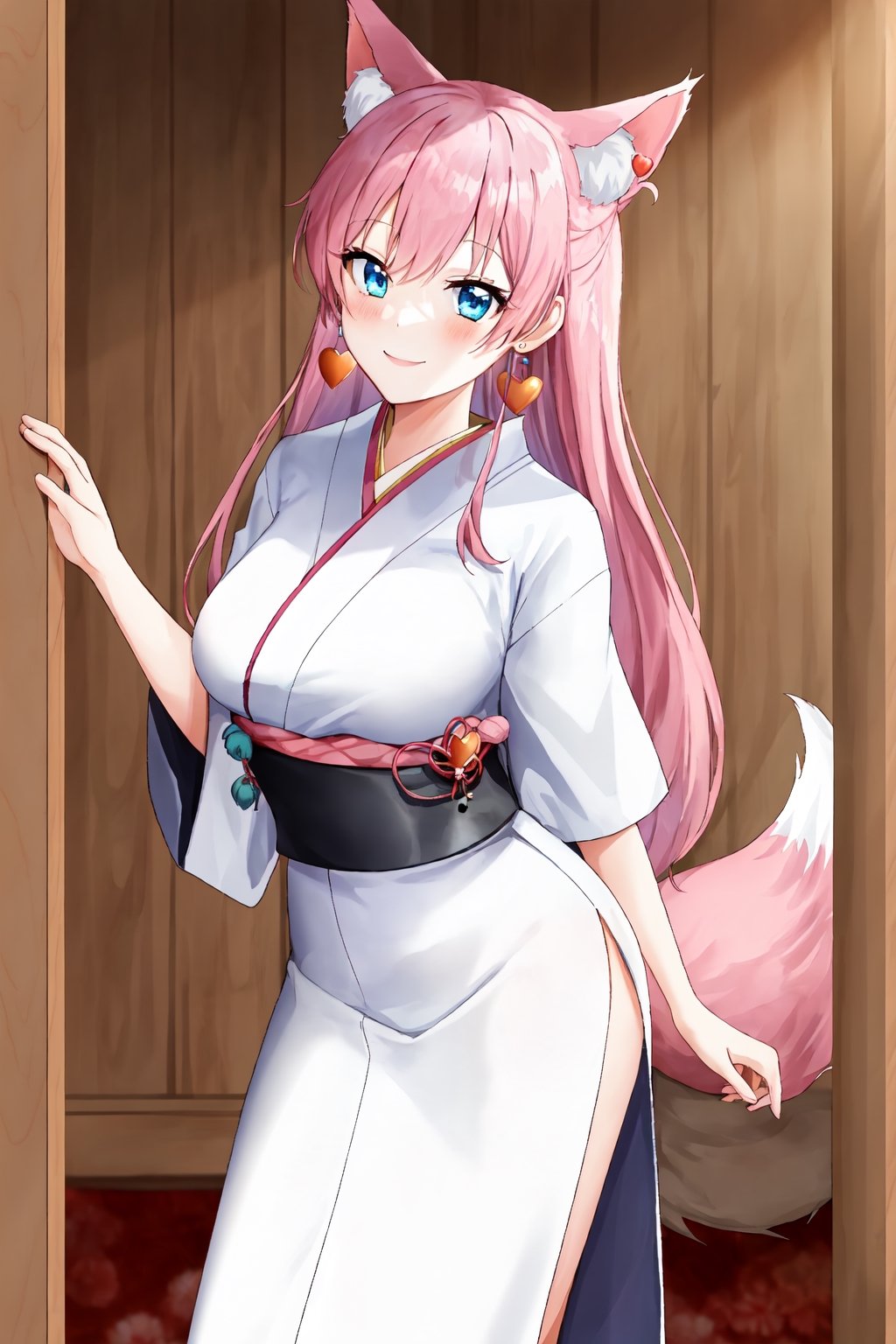 girl, smile, blue_eyes, long_hair, pink_hair, fox_ears, pink_ears, japanese_priestess,aaakari, hearts_earrings