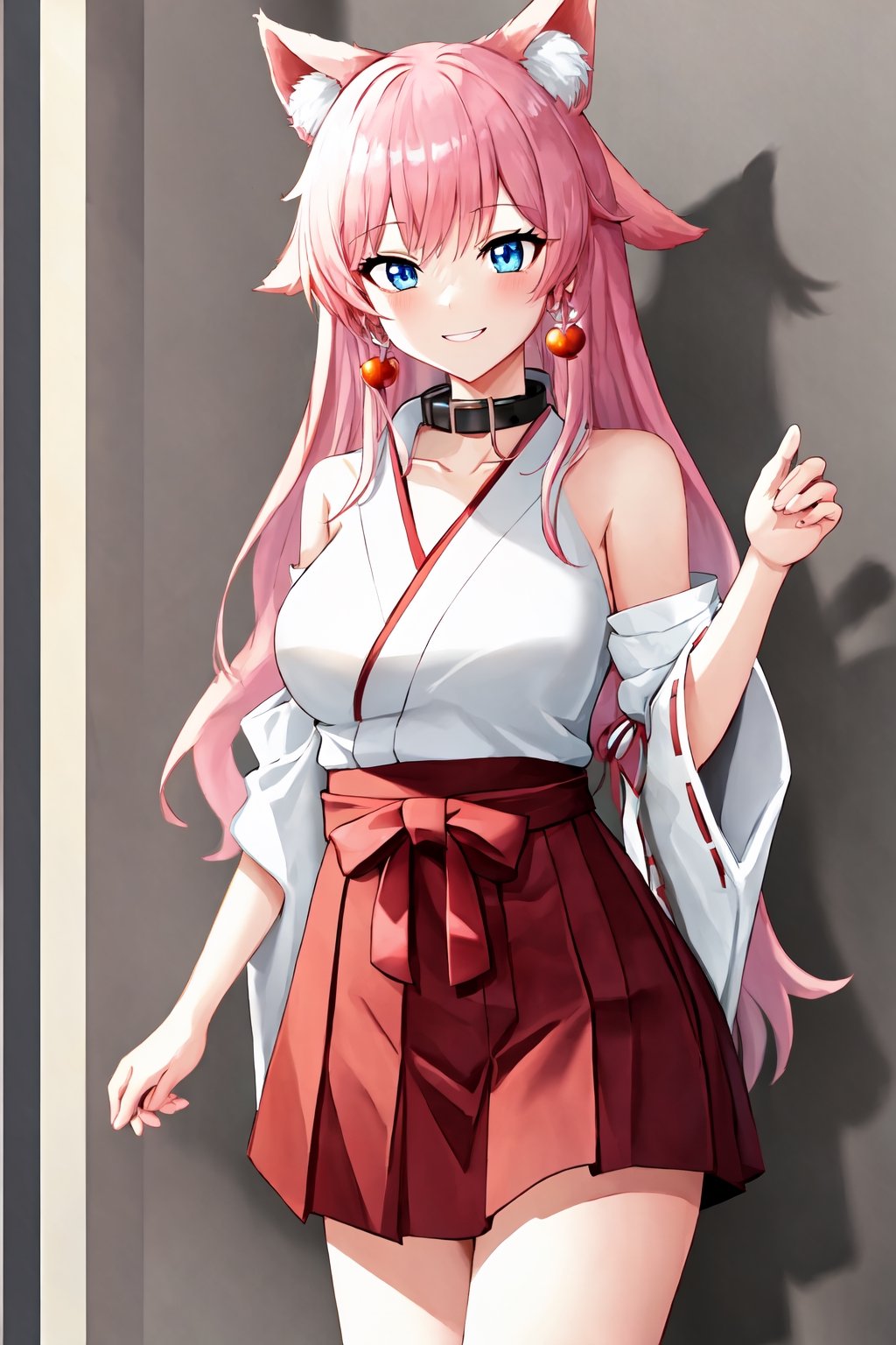 (extremely detailed CG unity 4k wallpaper),(masterpiece),(best quality),(ultra-detailed),(best illustration),(best shadow),(absurdres),(detailed background), 1girl, smile, blue_eyes, long_hair, pink_hair, fox_ears, pink_ears, japanese_priestess,aaakari, hearts_earrings, red_skirt, neck bell, collar, japanese clothes, miko, 