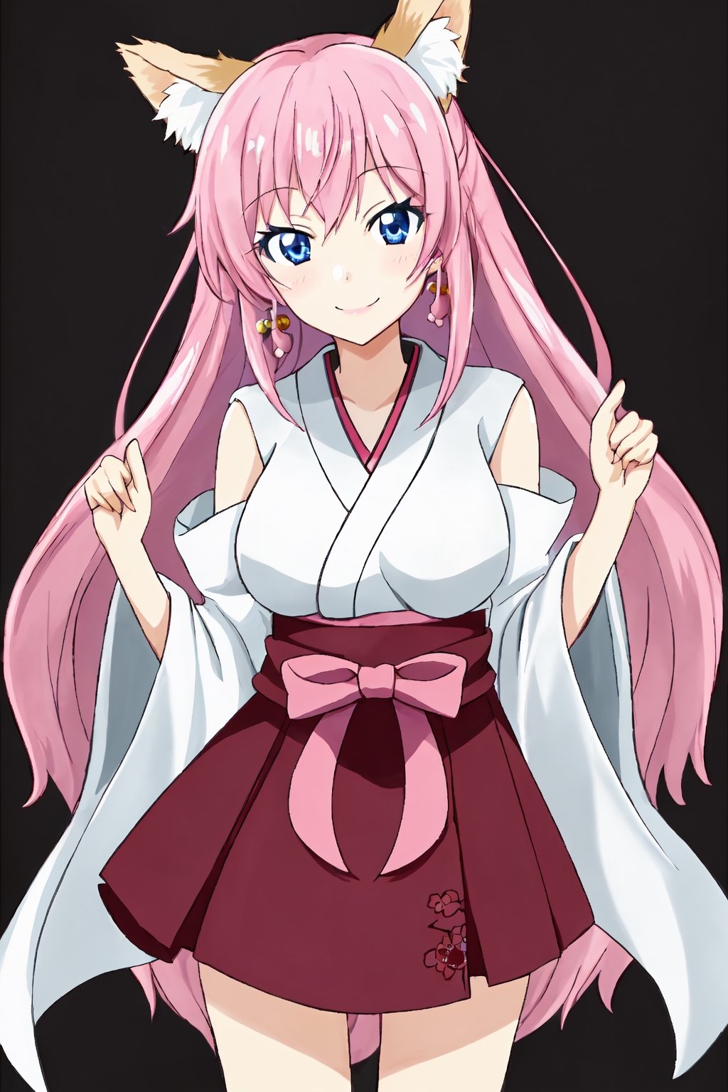 1girl, smile, japanese_priestess, blue_eyes, pink_hair, blond_hair, black_background, ,aaakari,Houki Shinonono, fox_ears, pink_ears