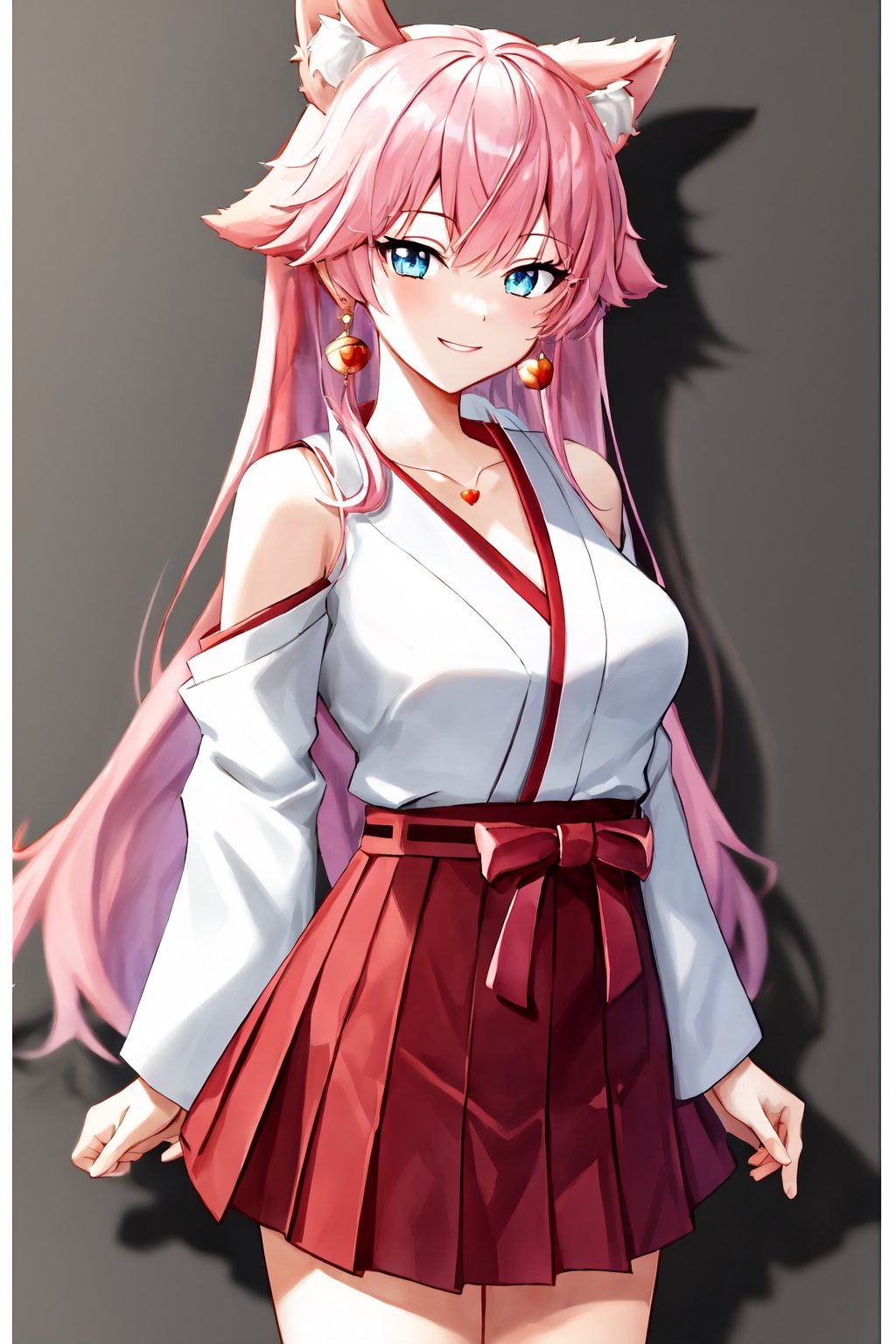 (extremely detailed CG unity 4k wallpaper),(masterpiece),(best quality),(ultra-detailed),(best illustration),(best shadow),(absurdres),(detailed background), 1girl, smile, blue_eyes, long_hair, pink_hair, fox_ears, pink_ears, japanese_priestess,aaakari, hearts_earrings, red_skirt,bell necklace, japanese clothes, miko, 