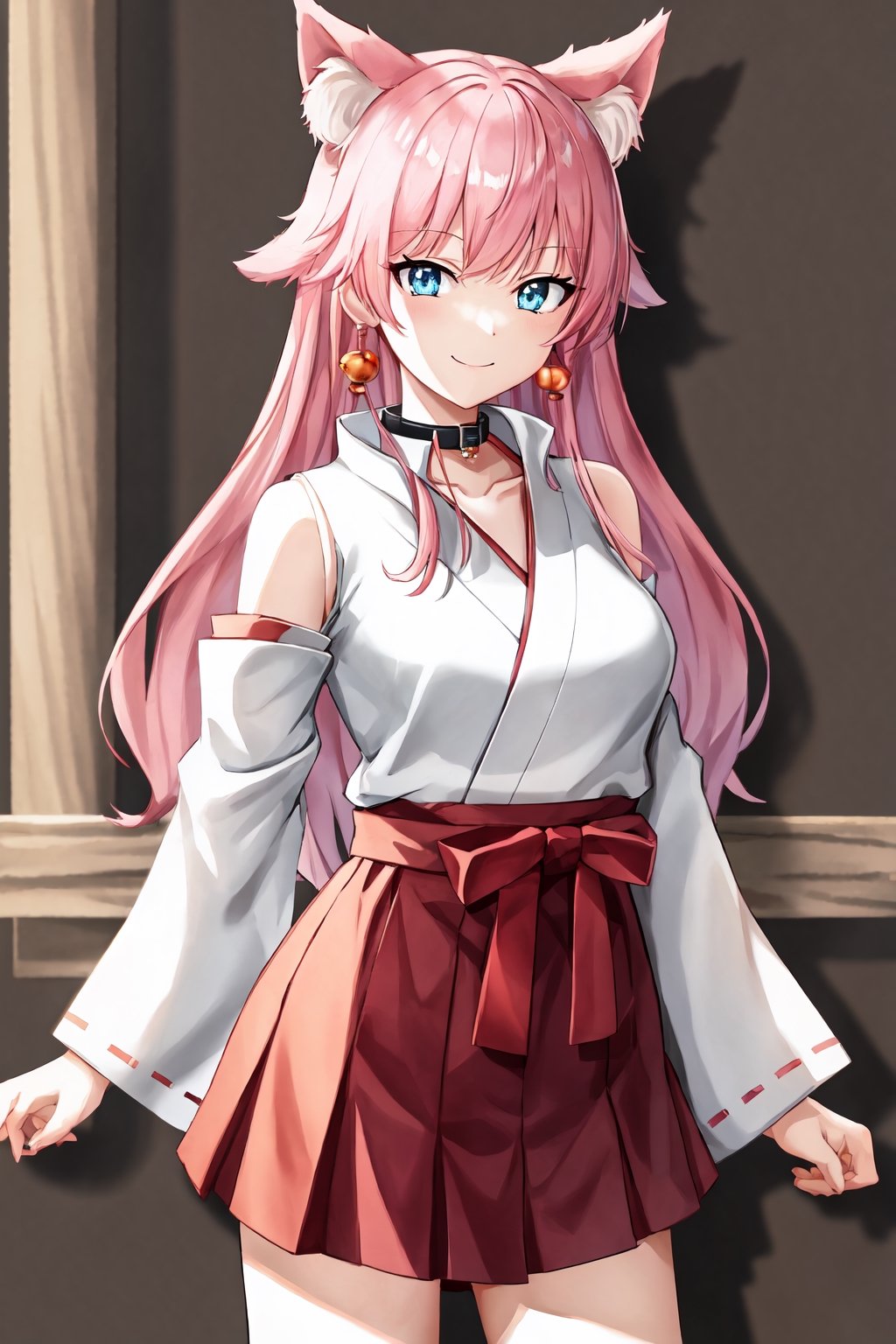 (extremely detailed CG unity 4k wallpaper),(masterpiece),(best quality),(ultra-detailed),(best illustration),(best shadow),(absurdres),(detailed background), 1girl, smile, blue_eyes, long_hair, pink_hair, fox_ears, pink_ears, japanese_priestess,aaakari, hearts_earrings, red_skirt, neck bell, collar, japanese clothes, miko, 