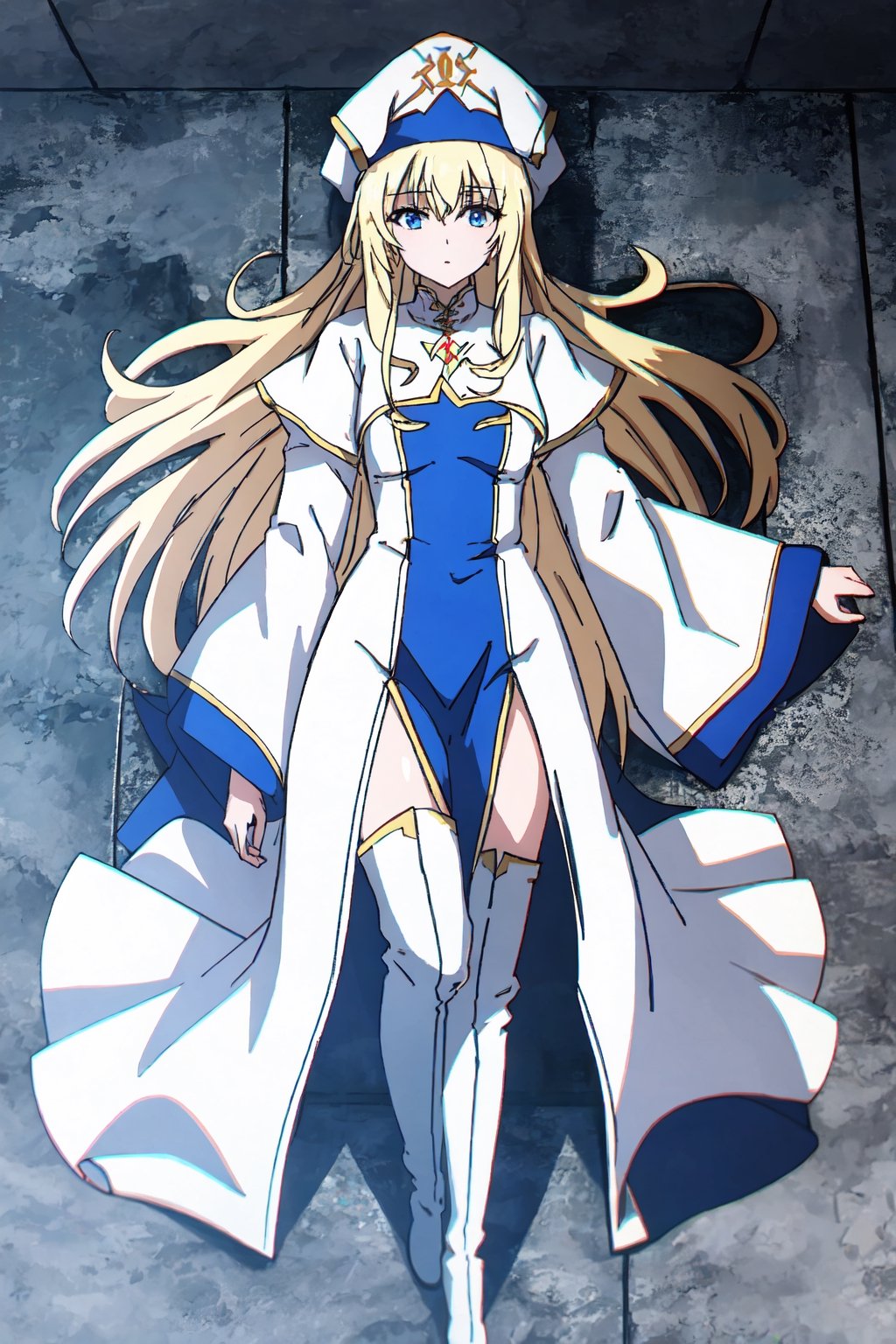 priestess,1girl, long hair, blonde hair, solo, hat, boots, thighhighs, thigh boots, very long hair, white footwear, looking at viewer, long sleeves, white headwear, wide sleeves, lying, breasts, dress, blue eyes, blue eyes, bangs, blue_center

high quality,best quality,ultra detailed,masterpiece,

,Eft_goblin_blonde