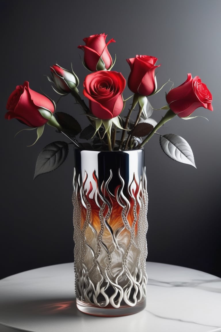 style reticulated haute couture rose bush .sissor arm art. . dicarlini blown glass . detailed background of silver chains . liquid smoke . ferrofluide . a million points of light 