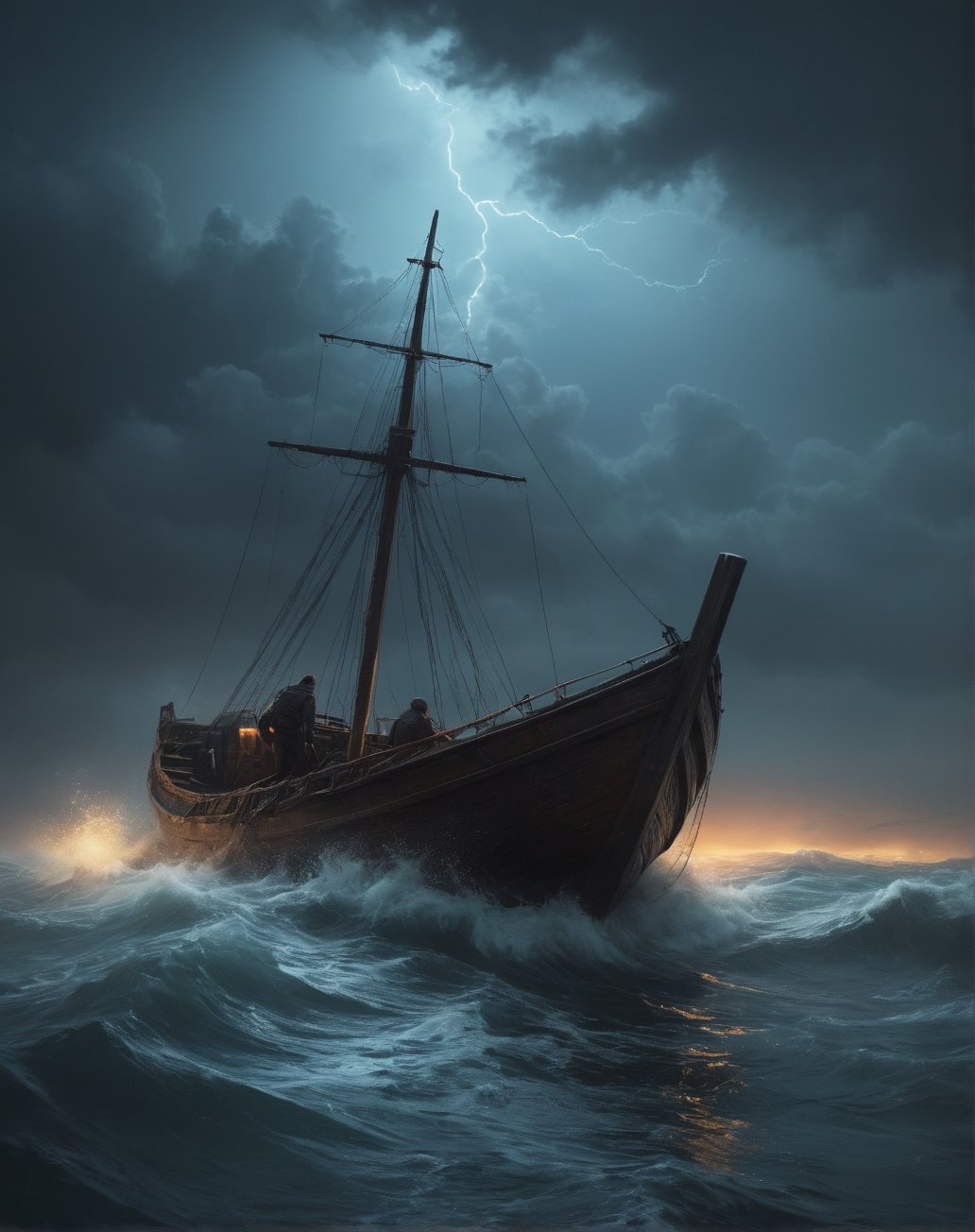 The sea is raging violently, the water is dark and murky, a human is rowing a boat adrift at sea, the sky is thunderous and dark, digital artwork by Beksinski,veropeso,kitakoumae,in water --s 250 --style raw - ( hyperrealistic lighting, quality, full hd, extreme, detailed, detailed, specific, contrast lighting, depth of field, electric photo, realistic)