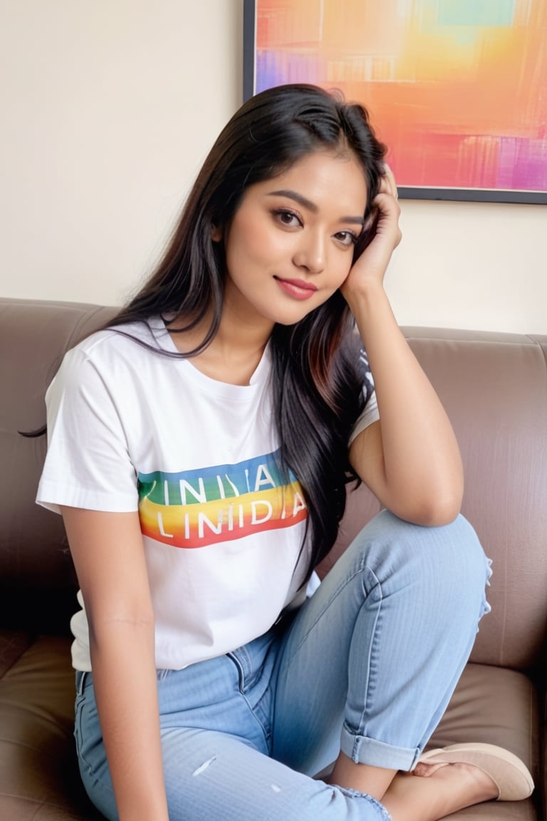 beautiful cute young attractive indian teenage girl,18 years old,cute,instagram model,long black_hair,colorful hair,warm,in home sit at sofa,indian ,little smiling,wearing jeans tshirt.