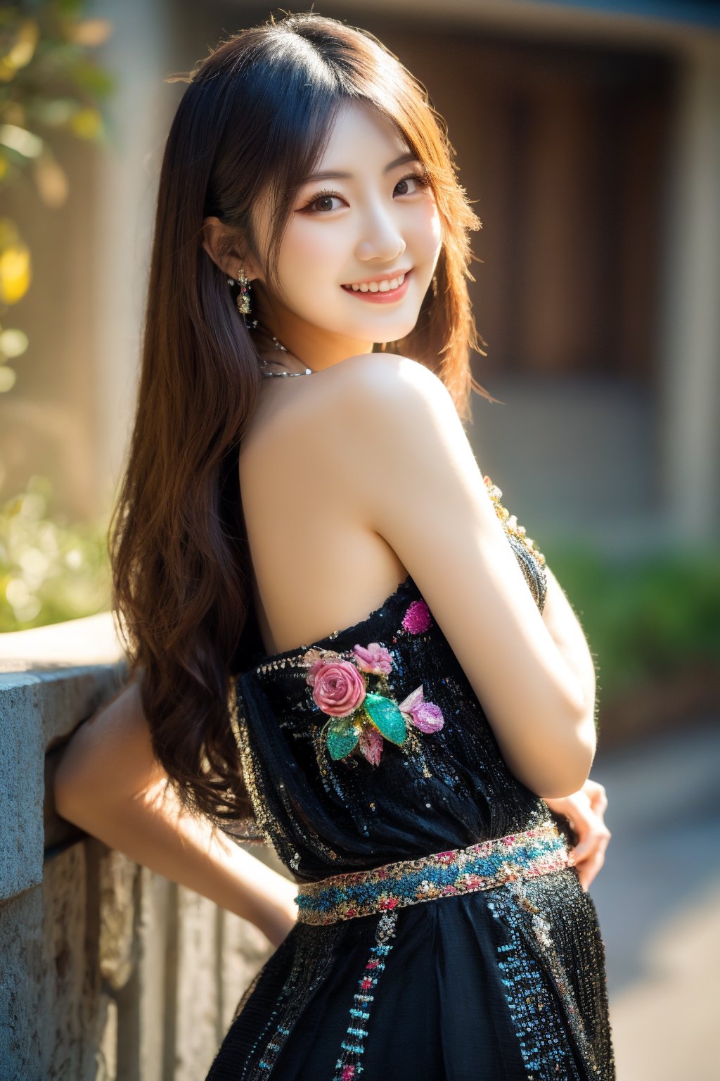 Masterpiece, best quality, super detailed, 
beautiful 20 years old Taiwanese girl, solo,
front shot,
exposed shoulders,
Side glance pose,
Hourglass full body, 
realistic portrait,
Flower Hair clip,
Fringe,
long hair,
brown Alluring eyes,
smile,
Elegant hands,
beaded bracelet,
beautiful Slim long leg,
high heels, 
cheongsam，
great wall,