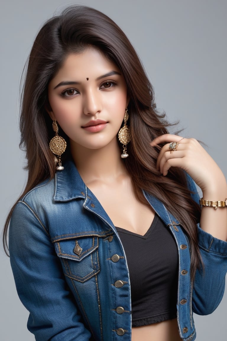 1girl, solo, long hair, looking at viewer, brown hair, black hair, brown eyes, jewelry, upper body, earrings, bracelet, lips, denim, watch, realistic, wristwatch, denim jacket,Indian