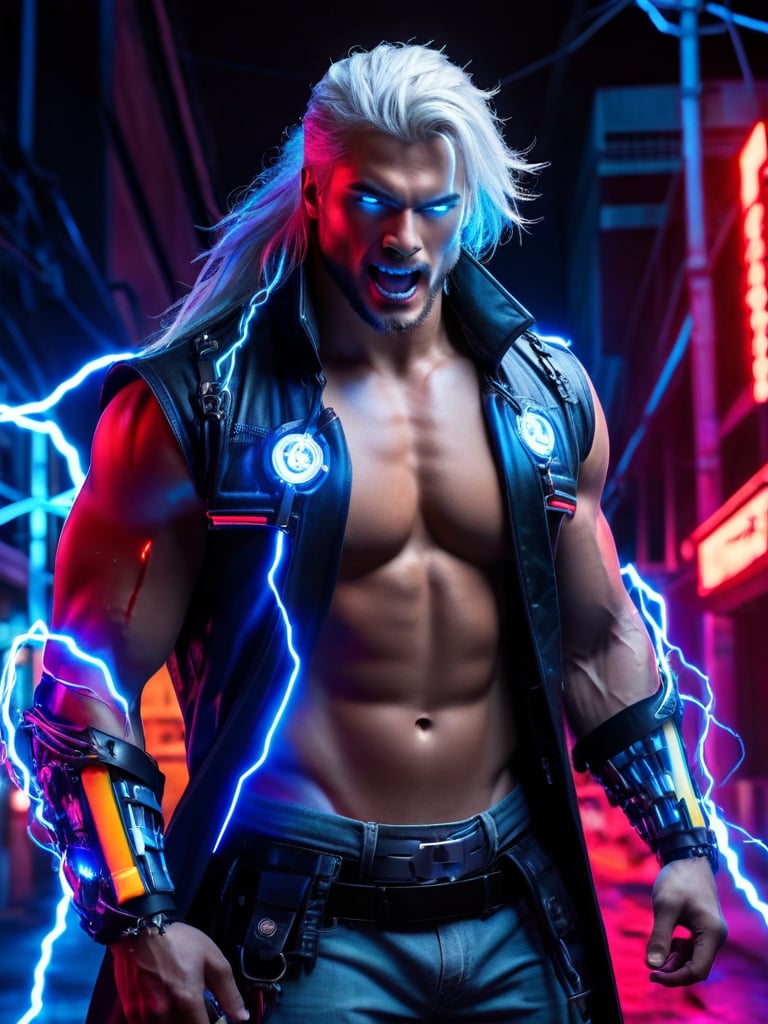  muscular, long hair,cyber_mark, long coat, no shirt, abs, bare chest, bare stomach, Platinum hair, silver hair, white hair, long hair, undercut hairstyle, ponytail, 1boy, glowing colors,light on belt, neon glow, neon light on belt,Neon Light, cyberpunk, werewolf, wolf man, fangs, visible fangs, open mouth, snarling, huge muscles, cyberware, cybernetic arms, prosthetic_arms, blue light, blue neon, electricity, lightning, blue eyes, glowing eyes, lightning powers, storm tattoo, lightning tattoo, glowing tattoo, electric tattoo, chrome prosthetics, chrome cyberware, blue lightning