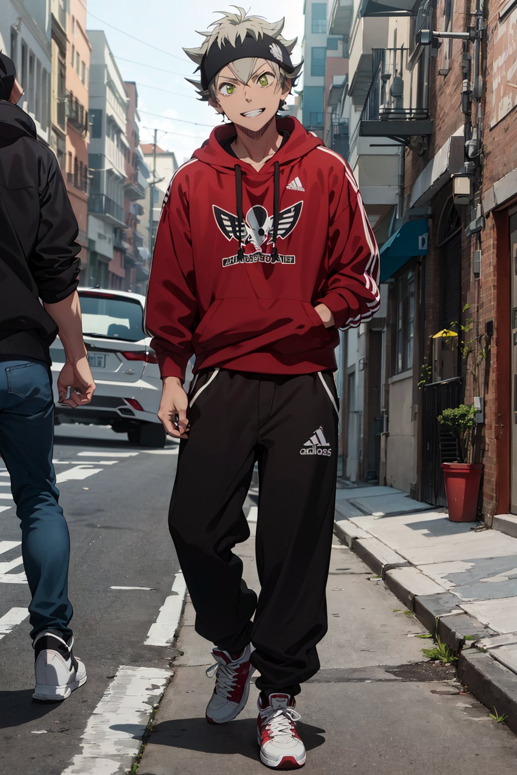 (((masterpiece))),(((professional quality))),((professional level details)),((high quality)),((anime lighting)),street boy,gangster,flowy clothes,Jordan sneakers,baggy pants,Adidas sweater,black headband,Latin American,villain,Latin American neighborhood background,mocking smile,asta