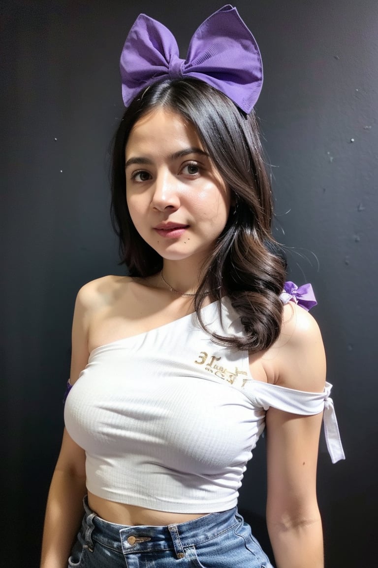 likeg,1girl,(purple bow:1.4),white pants,midriff,long hair,straight_hair,simple clothes,(sleeveless:1.3),(light shoulder:1.6),(simple background:1.3),masterpiece,best quality,32k uhd,insane details,intricate details,hyperdetailed,hyper quality,high detail,ultra detailed,Masterpiece,