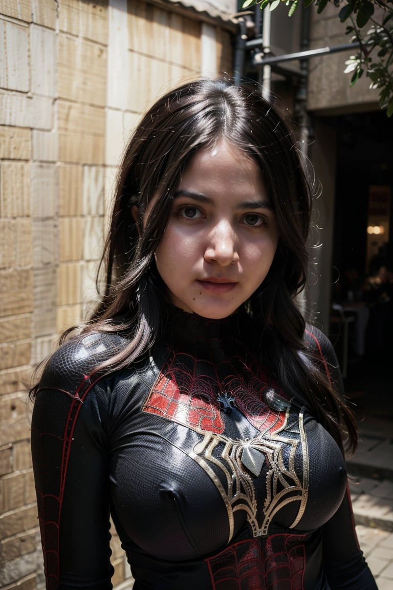  (wearing spiderwoman_cosplay_outfit:1.1), in front of a sky, black outfit,good hand,4k, high-res, masterpiece, best quality, head:1.3,((Hasselblad photography)), finely detailed skin, sharp focus, (cinematic lighting), night, soft lighting, dynamic angle, [:(detailed face:1.2):0.2], medium breasts, outside, 