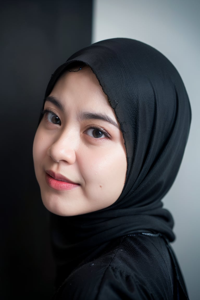 portrait of woman ,(25 years old),smile,(eye contact:1.3),(intense stare:1.3),on a (plain black background:1.2),(headshot:1.2),(face focus:1.1),(facing the camera:1.2),head in the centre,slight smile but sad,(facing straightforward:1.2),(forward facing:1.1),face focus,f1.4,40mm,photorealistic,raw,8k,skin pores,dried-up,textured skin,intricate details,dramatic light,award winning,Strong emotional expression,depth of field,blurry,Bokeh,by Nori Inoguchi, hijab