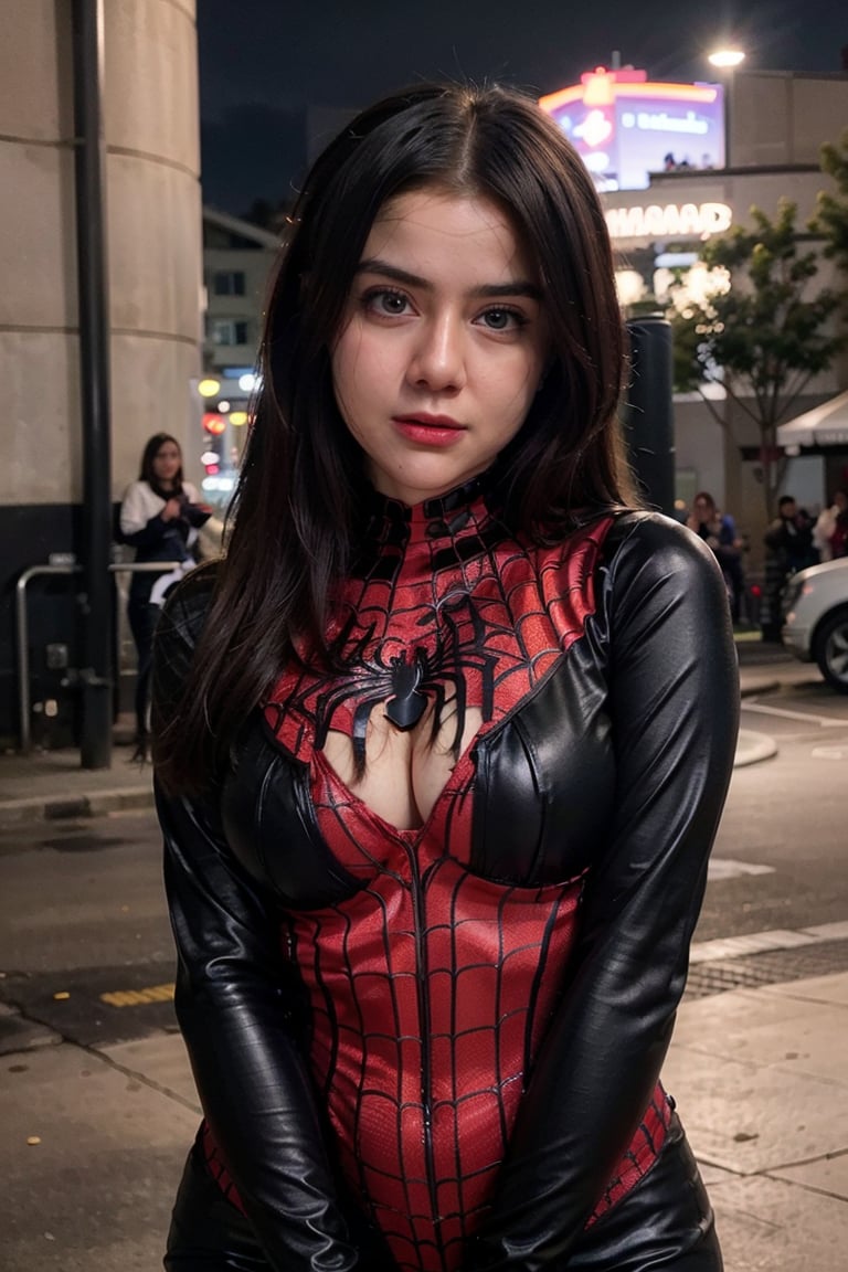  (wearing spiderwoman_cosplay_outfit:1.1), in front of a sky, black outfit,good hand,4k, high-res, masterpiece, best quality, head:1.3,((Hasselblad photography)), finely detailed skin, sharp focus, (cinematic lighting), night, soft lighting, dynamic angle, [:(detailed face:1.2):0.2], medium breasts, outside, 