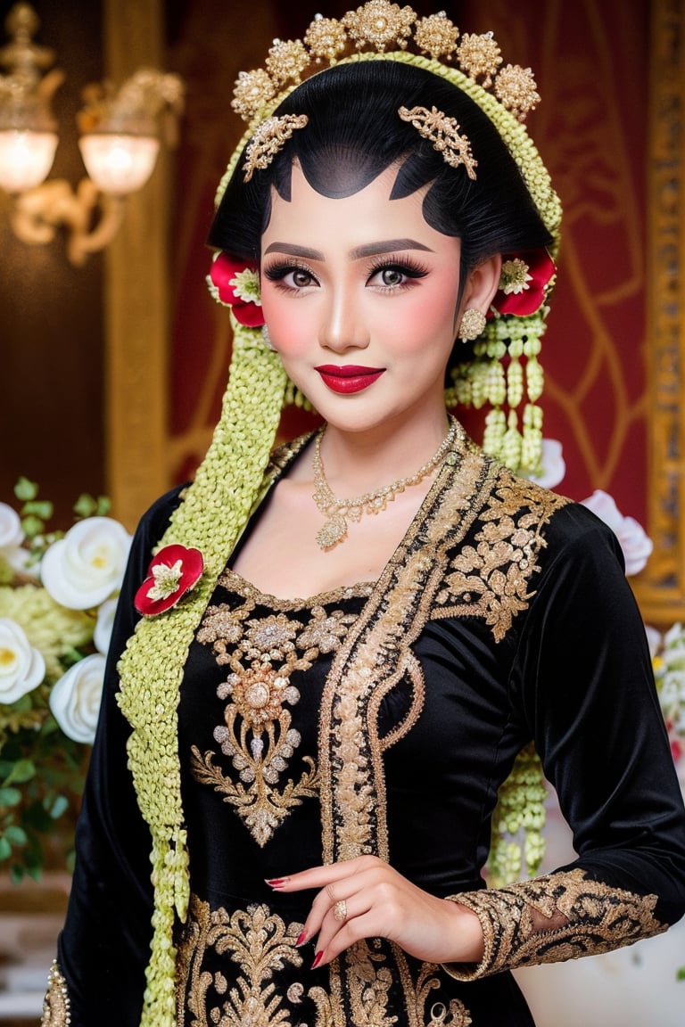 photography, woman,  portrait of java wedding woman in black long kebaya dress traditional, red lipstick, golden necklace, earrings, ornate, detail, flowers, blurry background, soft focus 