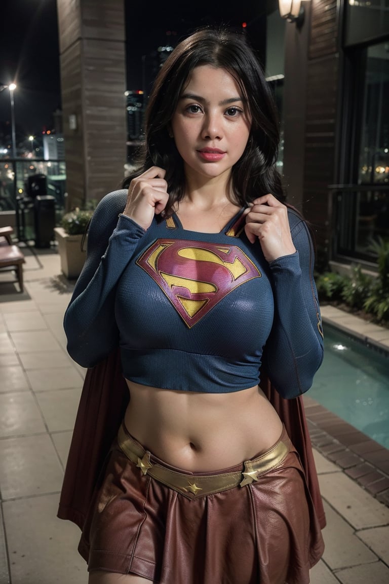 woman posing for a photo,(wearing supergirl_cosplay_outfit:1.3),crop_top,good hand,4k, high-res, masterpiece, best quality, head:1.3,((Hasselblad photography)), finely detailed skin, sharp focus, (cinematic lighting), collarbone, night, soft lighting, dynamic angle, [:(detailed face:1.2):0.2],(((5 stars hotel))), outside, ,wearing supergirl_*******_outfit,mini_skirt