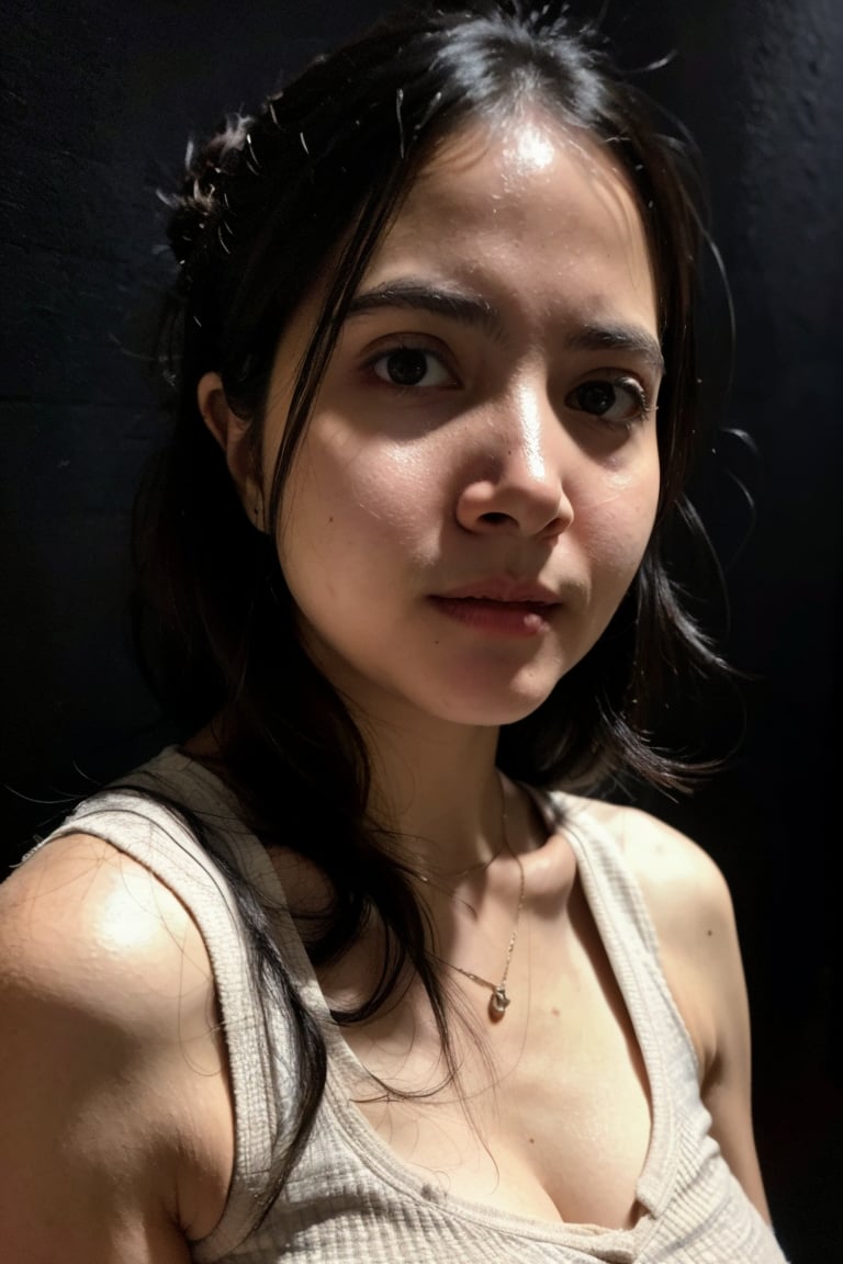 portrait of woman ,beard,(25 years old),tired,(eye contact:1.3),(intense stare:1.3),on a (plain black background:1.2),(headshot:1.2),(face focus:1.1),(facing the camera:1.2),head in the centre,slight smile but sad,(facing straightforward:1.2),(forward facing:1.1),face focus,f1.4,40mm,photorealistic,raw,8k,skin pores,dried-up,textured skin,intricate details,dramatic light,award winning,Strong emotional expression,depth of field,blurry,Bokeh,by Nori Inoguchi,