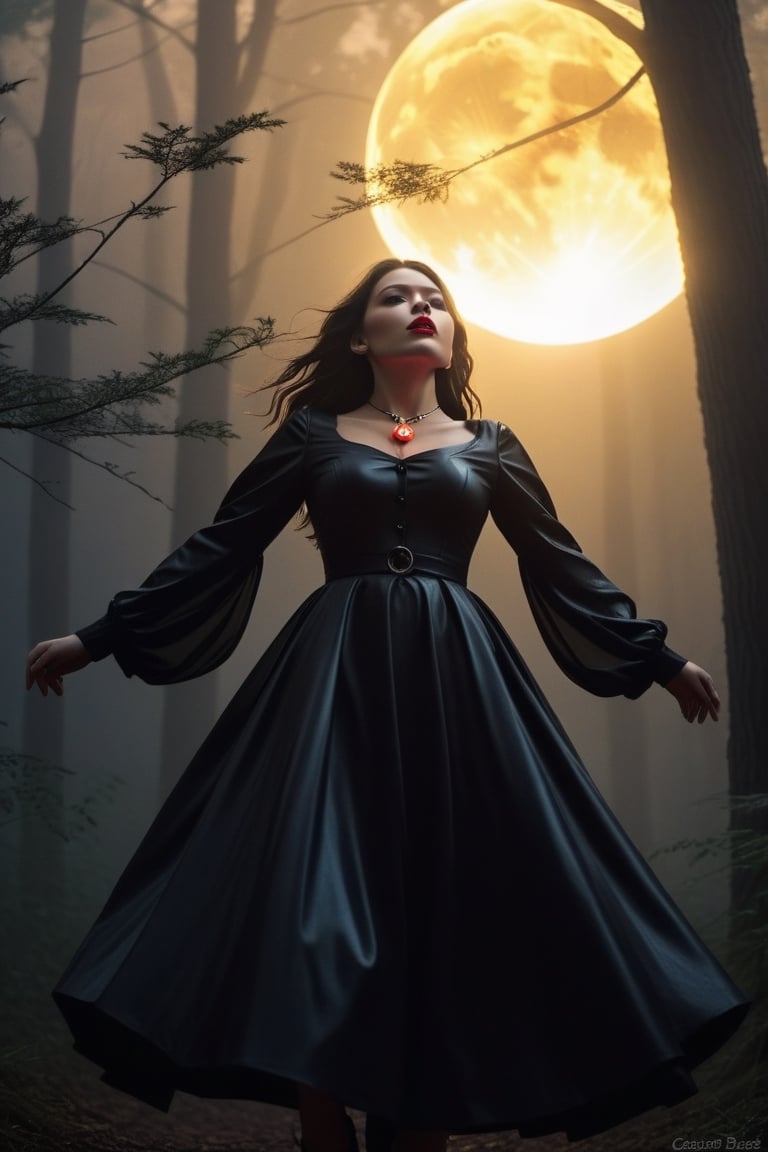 A beautiful girl, dressed in latex style, long dress, long-sleeved blouse, buttoned up to the neck, a necklace around her neck with a delicate pendant with a pentagraph symbol on it. Made of precious stone, it emanates a light glow, a red glow.
It runs through an old dark forest. He holds a lantern in his hand to light his way. It's dark, the full moon creates interesting chiaroscuro penetrating through the tree branches.
The forest is slightly foggy, it's raining. Vapor in the exhaled air is sometimes visible, delicate.
Scared, worried.
Photo quality. Accurate details, high realism.
Perfect girl proportions. Precise face, gagged. The whole figure is visible ,solo,DonMB4nsh33XL ,style,concept