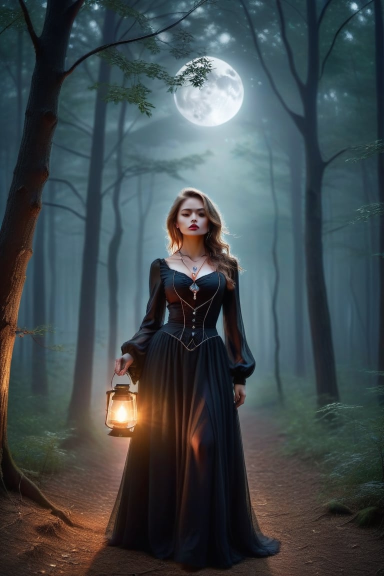 A beautiful girl, dressed in Gothic style, long dress, long-sleeved blouse, buttoned up to the neck, a necklace around her neck with a delicate pendant with a pentagraph symbol on it. Made of precious stone, it emanates a light glow, a red glow.
It runs through an old dark forest. He holds a lantern in his hand to light his way. It's dark, the full moon creates interesting chiaroscuro penetrating through the tree branches.
The forest is slightly foggy, it's raining. Vapor in the exhaled air is sometimes visible, delicate.
Scared, worried.
Photo quality. Accurate details, high realism.
Perfect girl proportions.,solo,DonMB4nsh33XL ,style