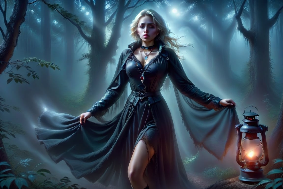 A beautiful girl, dressed in Gothic style, long dress, long-sleeved blouse, buttoned up to the neck, a necklace around her neck with a delicate pendant with a pentagraph symbol on it. Made of precious stone, it emanates a light glow, a red glow.
It runs through an old dark forest. He holds a lantern in his hand to light his way. It's dark, the full moon creates interesting chiaroscuro penetrating through the tree branches.
The forest is slightly foggy, it's raining. Vapor in the exhaled air is sometimes visible, delicate.
Scared, worried.
Photo quality. Accurate details, high realism.
Perfect girl proportions.,solo,DonMB4nsh33XL ,style